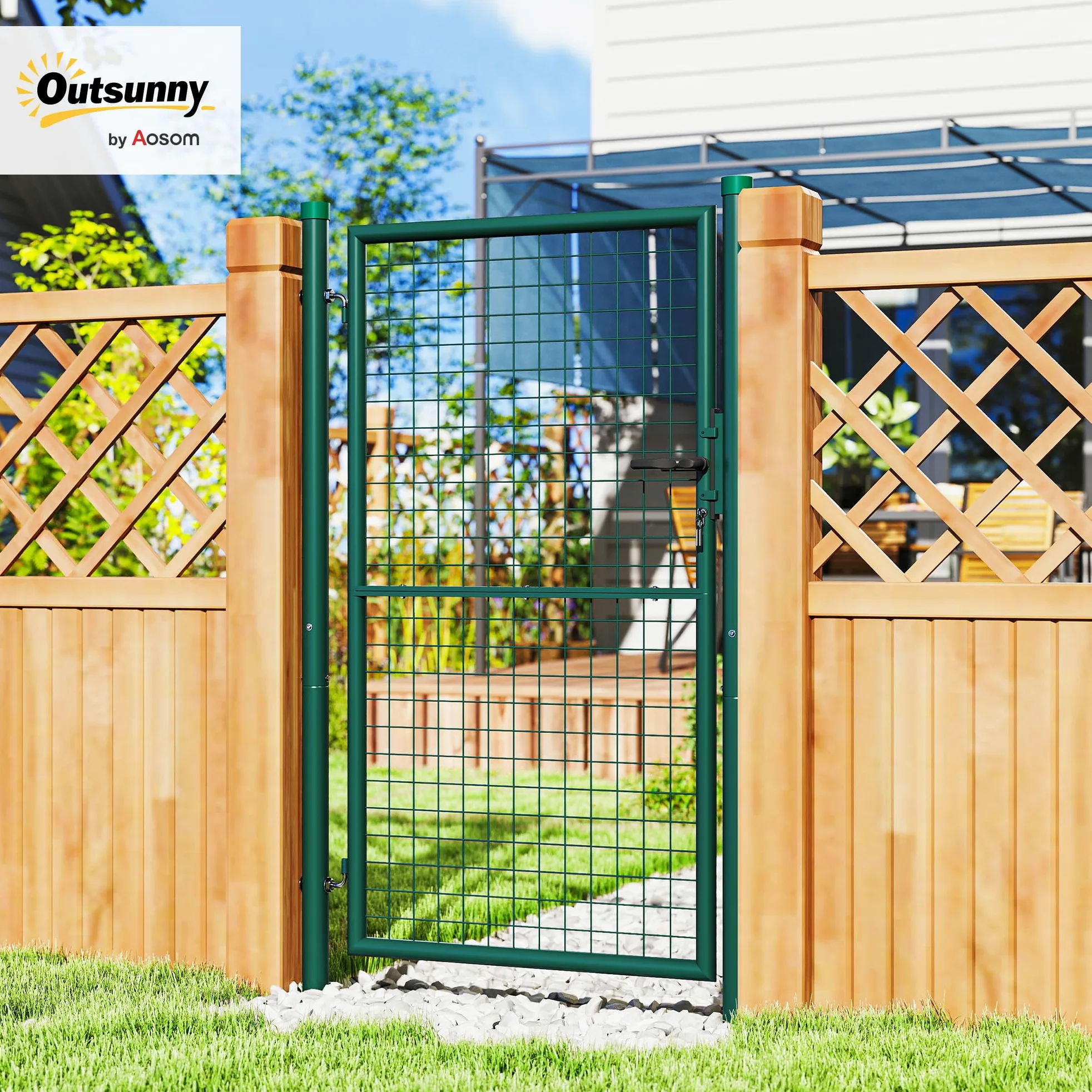 Outsunny Cancello da Giardino in Acciaio 97x200 cm, Cancelletto da Giardino con Serratura, 3 Chiavi, Maniglia e 2 Pali, Cancello Esterno per Ingresso Cortile e Terrazzo, Verde