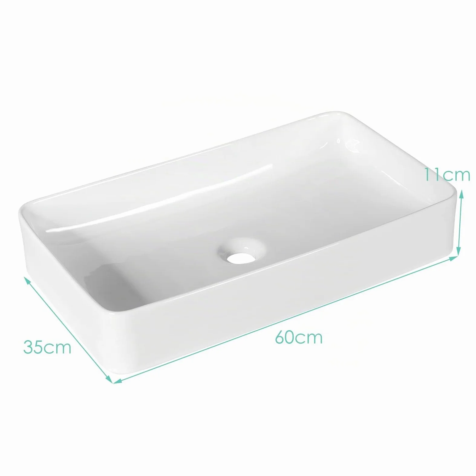LIFEZEAL Lavandino Bagno, Lavabo da Appoggio, 60 x 35 x 11 cm, Lavabo Bagno, Glassa in Porcellana, Rettangolare, Scarico Escamotable, Ideale per Casa Ristorante e Hotel, Bianco