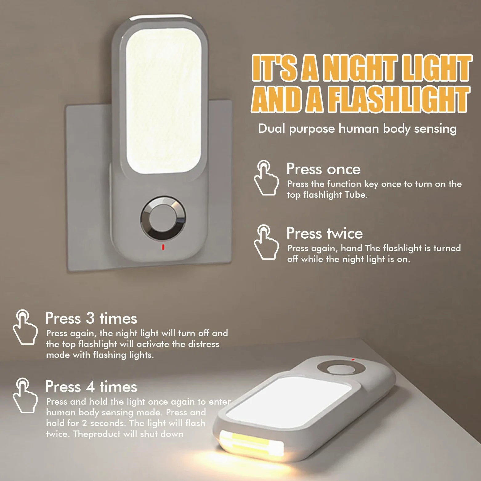 PORFOYO 2 pezzi luce notturna, presa notturna, presa di corrente, 4 in 1, torcia a induzione, luci notturne con sensore di movimento, luci a LED, luce di emergenza per interni ed esterni