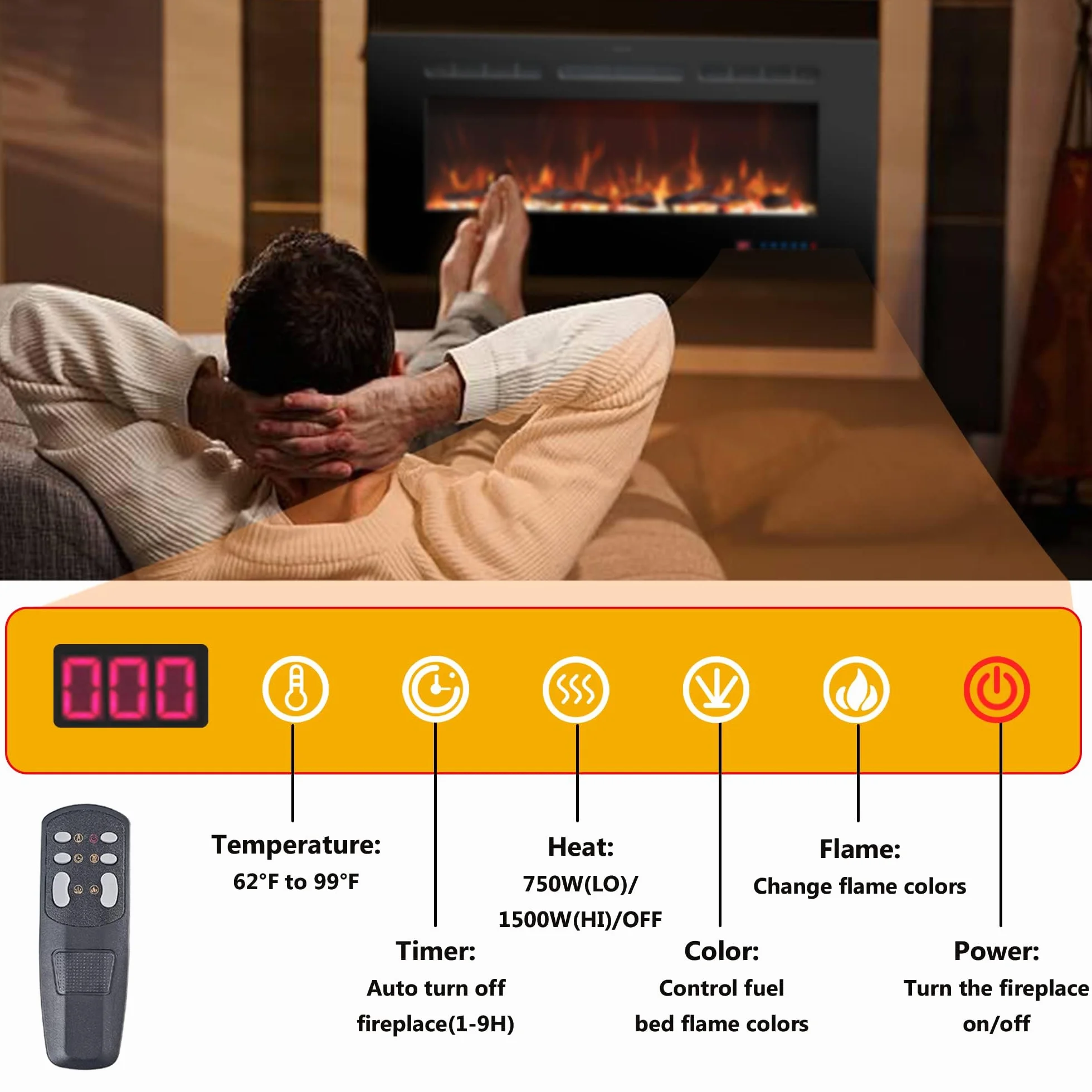 127 cm, 50 camini elettrici, da incasso e da parete, per interni con telecomando, 13 fiamme di colore con legno e cristallo, timer 9H