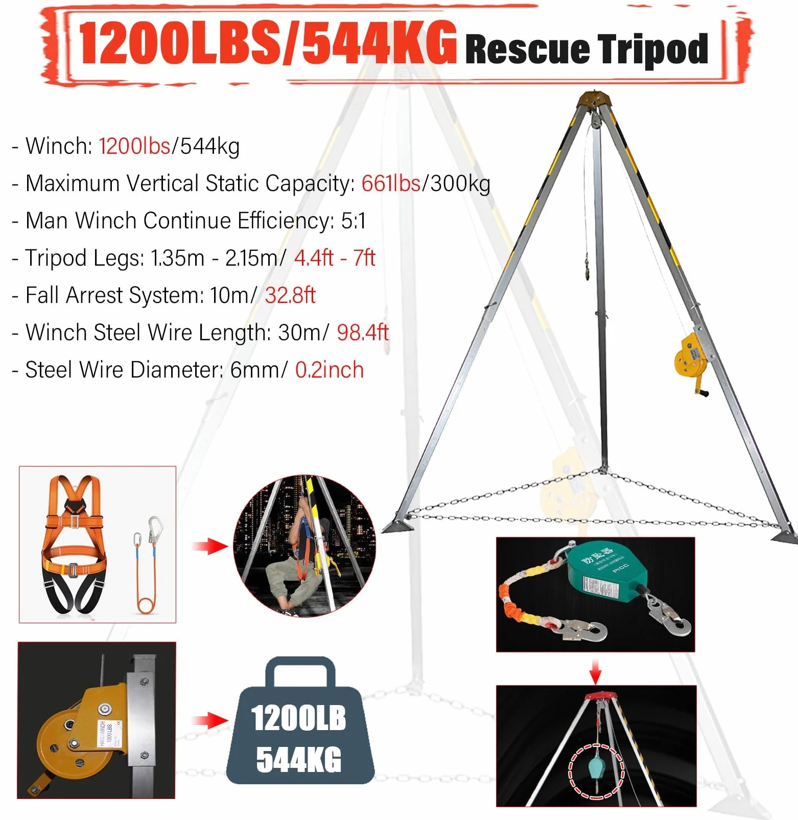 Kit Treppiede Anticaduta Spazi Ristretti Di Salvataggio A Treppiede Con Argano Da 544 816 1180 KG, Scala Di Sollevamento Per Spazi Confinati/ Attrezzatura Di Sollevamento Stabilizzatore Per La Costruz