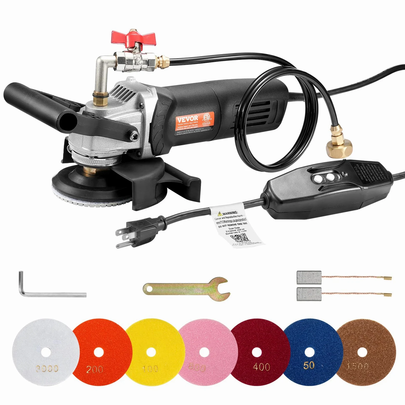 VEVOR Lucidatrice a Umido 800 W, Lucidatrice per Calcestruzzo da 100 mm 6 Velocità Regolabile 7 Tamponi per Lucidatura 1000-4000 giri/min, Interruttore GFCI, per Marmo, Pietra, Roccia, Piastrelle