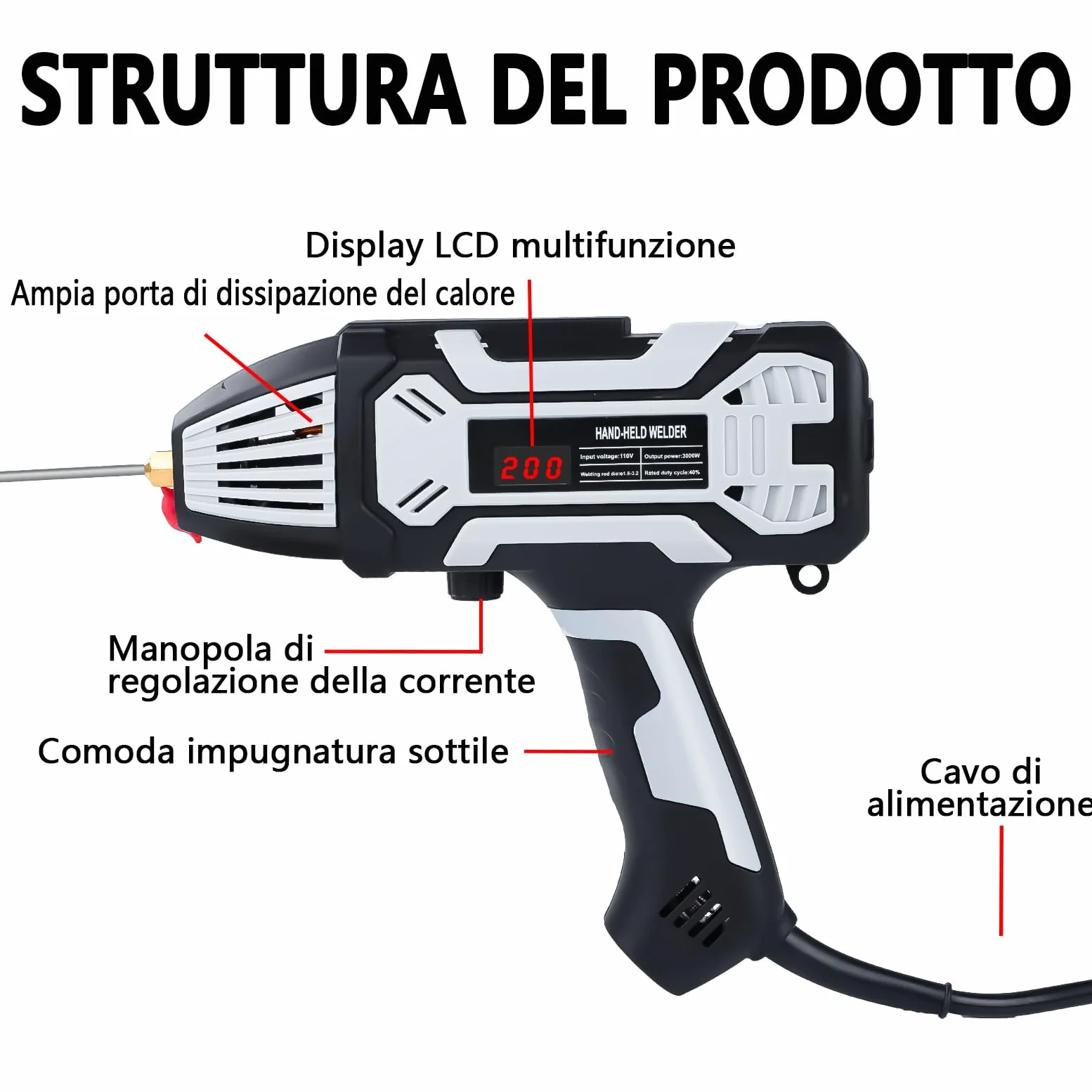 Saldatrice Portatile, 200A Saldatrice a Elettrodo con Inverter IGBT, Saldatore ad Arco per Barre di Saldatura 1,6 mm - 3,2 mm, Salda Facilmente Acciaio Ferro Acciaio Al Carbonio Leghe