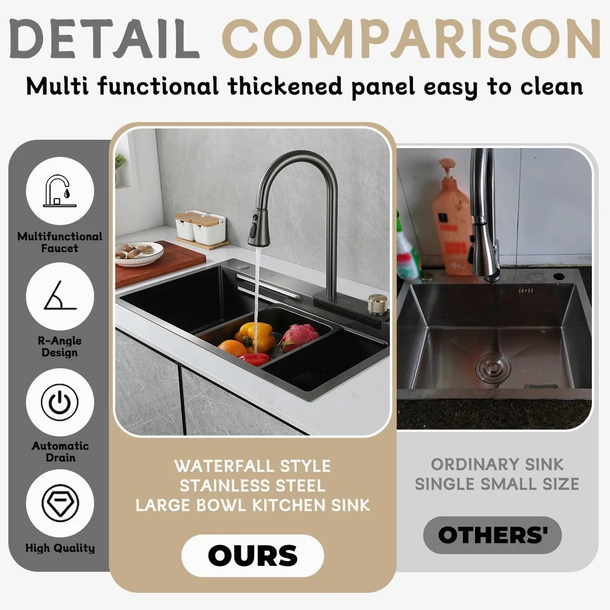 80x50cm Lavello da cascata nero, multifunzionale Lavello Cucina 1 Vasca in Acciaio Inox, con Rubinetto Estraibile, sifone e Set di Drenaggio, e vari accessor, lavello domestico set