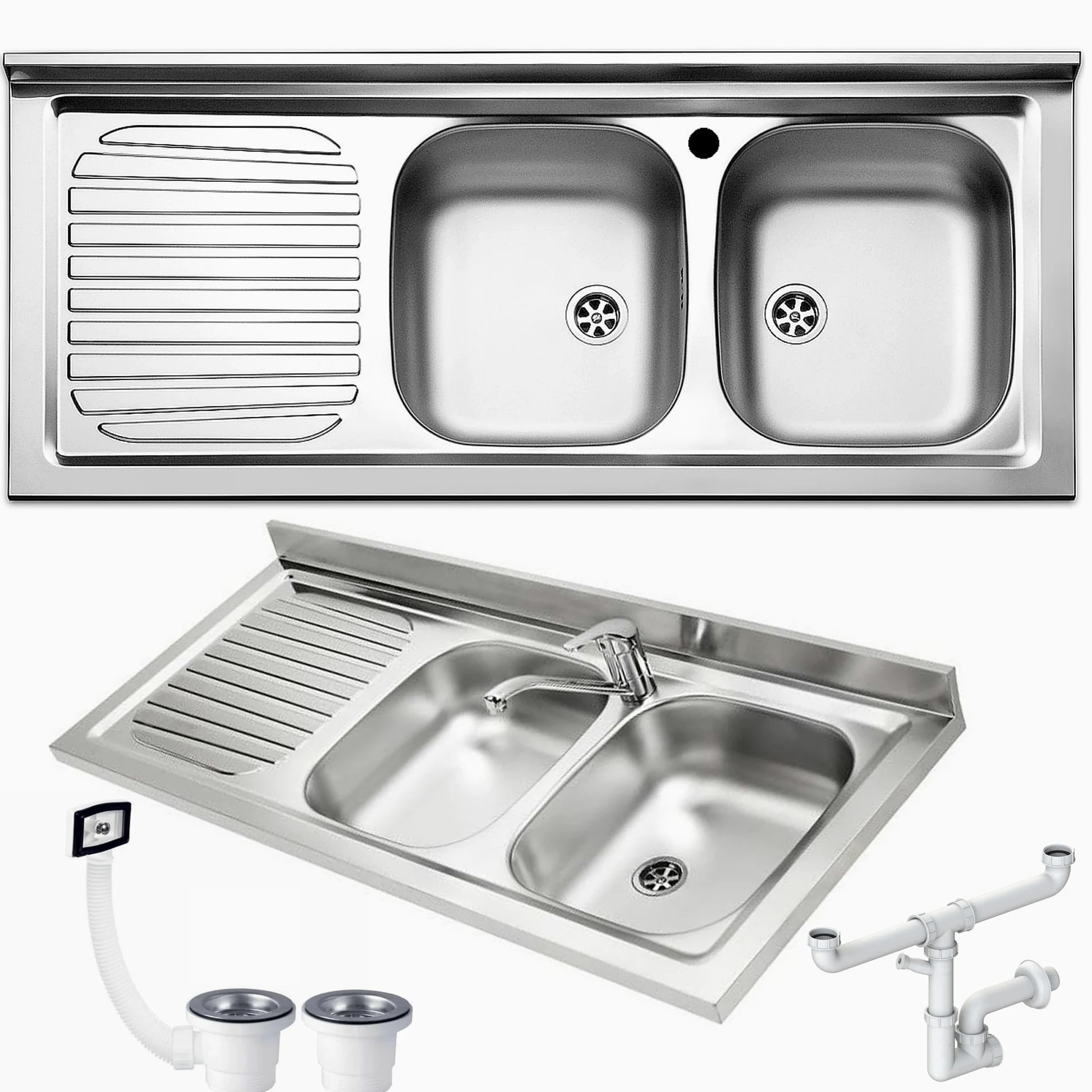 Lavello FHULLER Monostampo Da Appoggio 120X50 In Acciaio Inox AISI 304 Con Due Vasche a DESTRA e Gocciolatoio a SINISTRA Per Sottolavello da 120 Cucina Componibile Modello Pisa PI1202MLPC