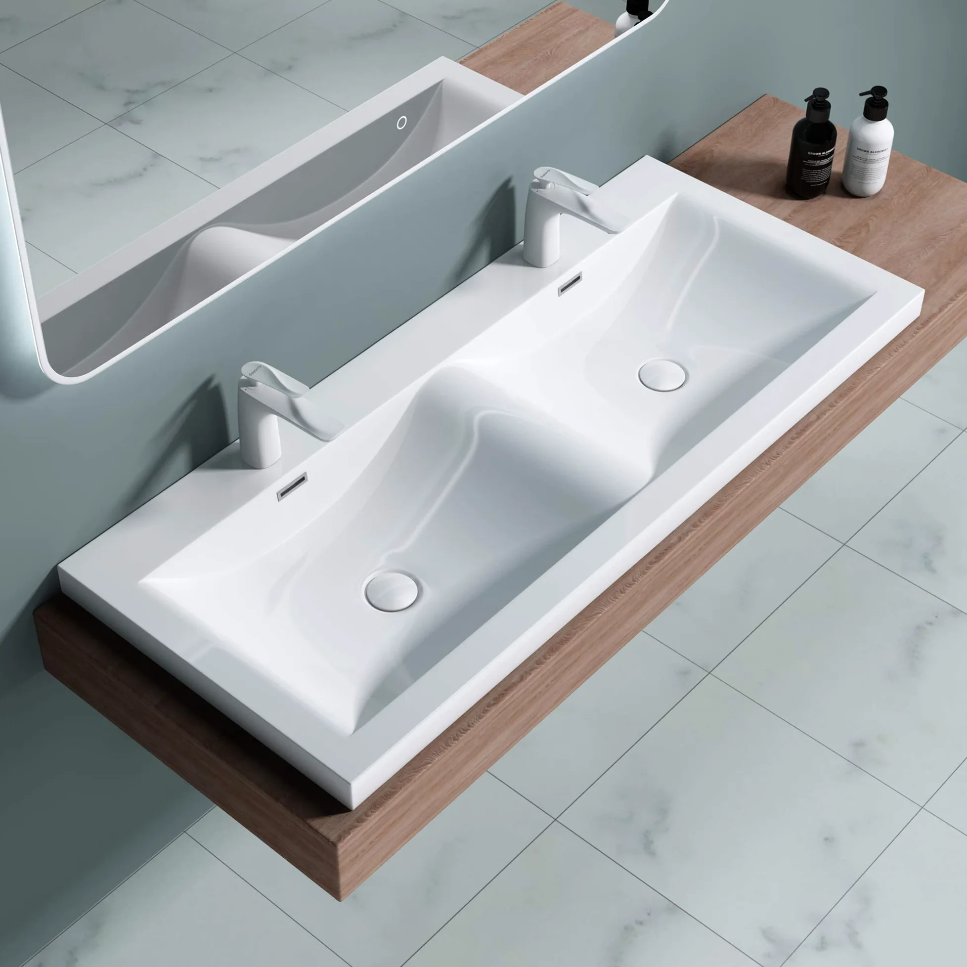 doporro Lavabo da Incasso 120 cm Doppia Vasca in Marmoresina Bianco Lucido, Lavabo Bagno Integrale Soprapiano con 2 Fori Rubinetto e Troppopieno Colossum03