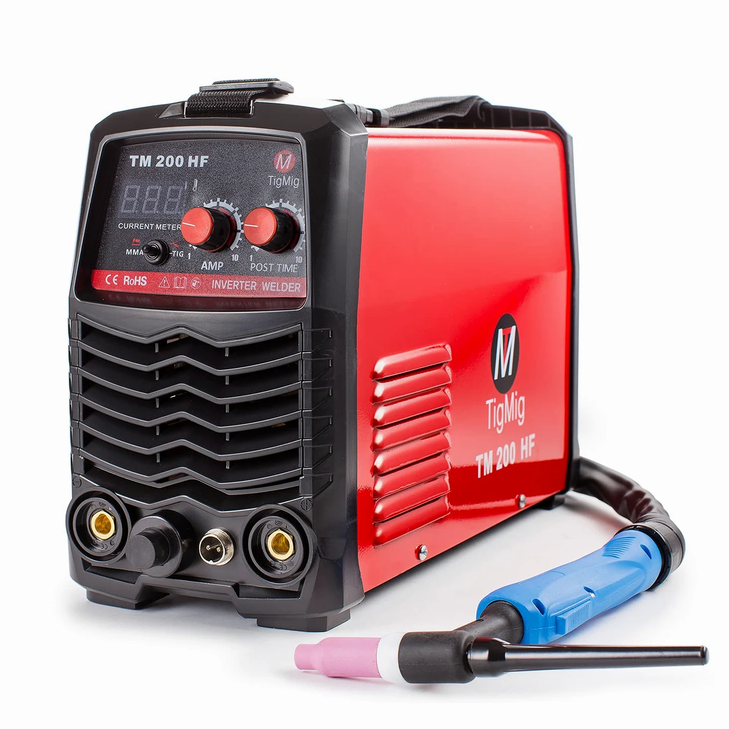 TIGMIG Saldatrice inverter DC TIG e MMA (Elettrodo), Mod. TM 200 HF, Innesco Alta Frequenza, 200 Amp, Con Accessori, Funzioni Hot Start, Arc Force, Anti-sticking in modalità MMA, Portatile, Compatta