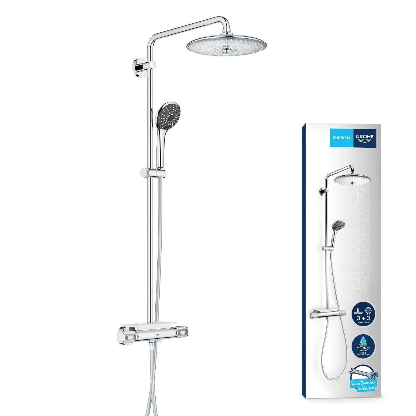 GROHE QUICKFIX | Vitalio Joy 260 | Sistema Doccia con Miscelatore Termostatico |Cromo | Con mensola porta oggetti | ‎26403002