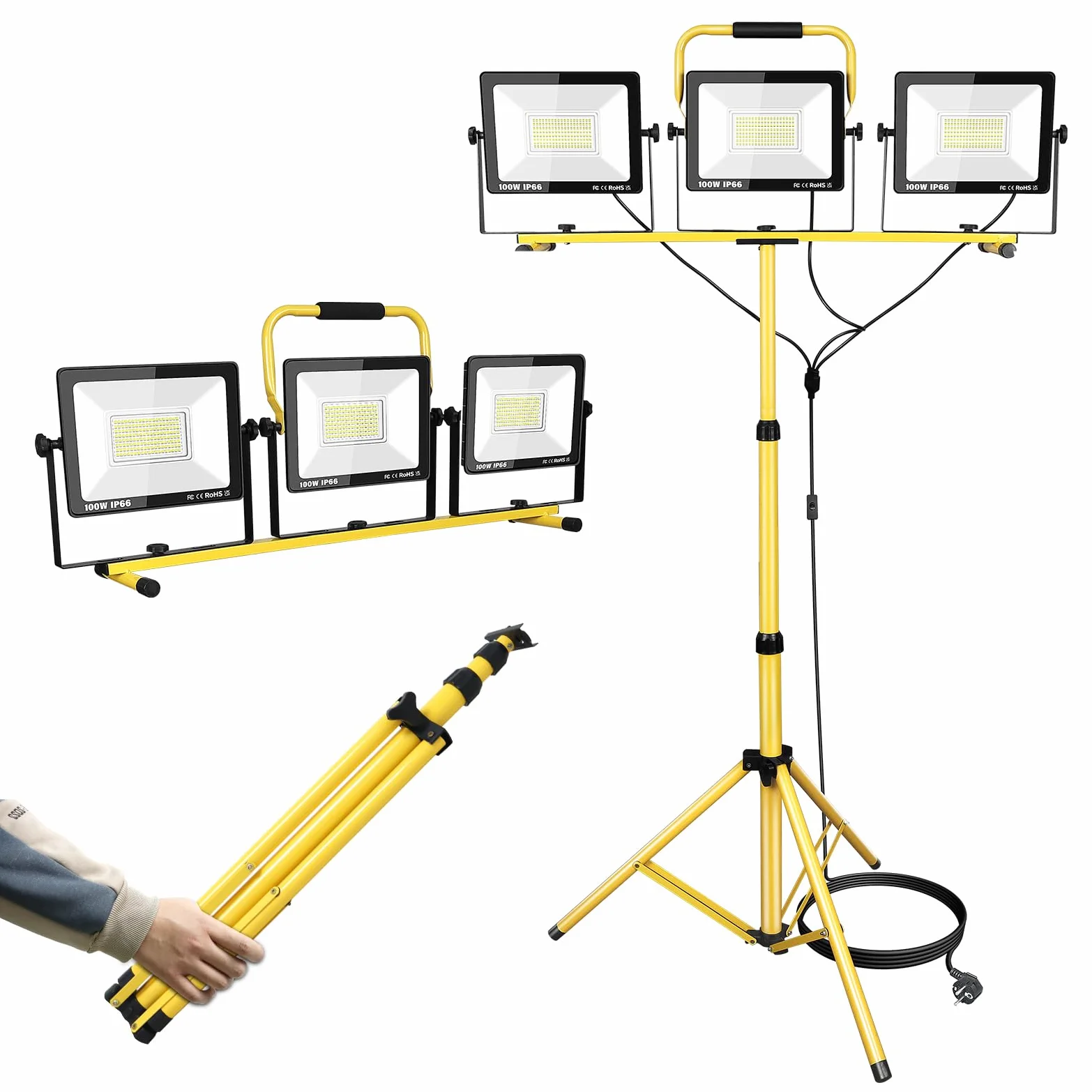 3 x 100W LED Faretto da cantiere con treppiede, 30000LM 175V a 265V IP66 Impermeabile Lampada da lavoro a LED per interni ed esterni con cavo da 5 m per officina, garage, cantiere, seminterrato