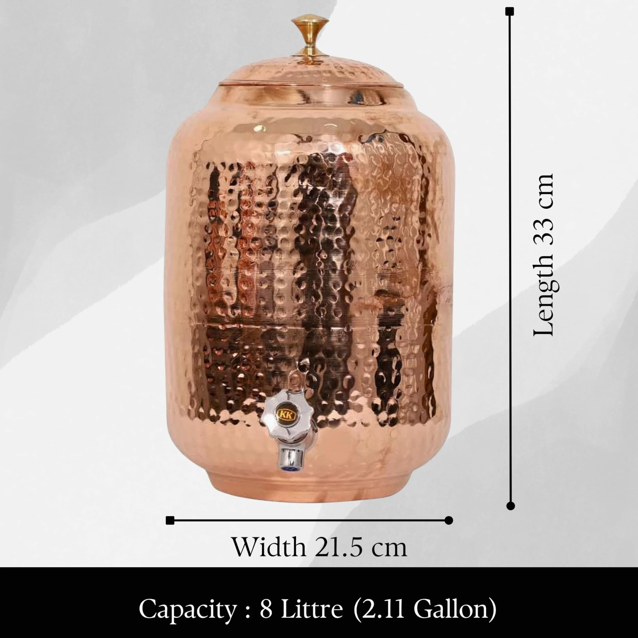 Dispenser d'acqua in rame puro, capacità 8 l, finitura martellata, benefici per la salute ayurvedica, include 2 bicchieri abbinati e 1 bottiglia di rame, bicchieri artigianali per guarigione e