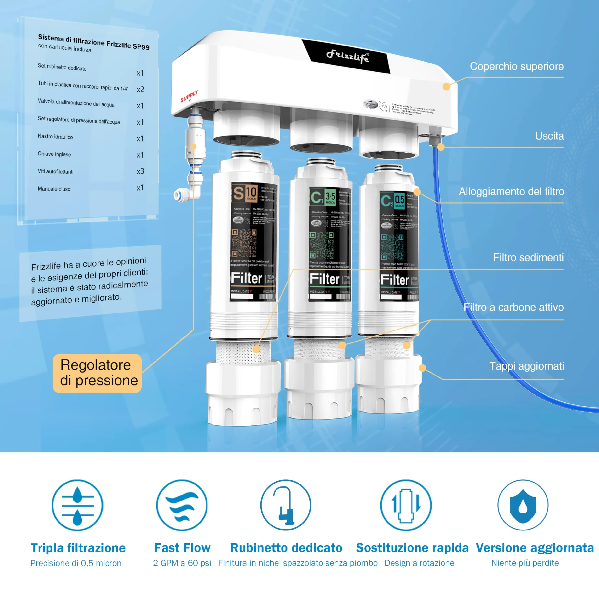 Frizzlife SP99-NEW, sistema di filtrazione dell'acqua sottolavello con rubinetto in nichel spazzolato, certificato 0,5 micron a 3 stadi, rimuove il 99,99% di piombo, cloro, cloramina, fluoro, Scale
