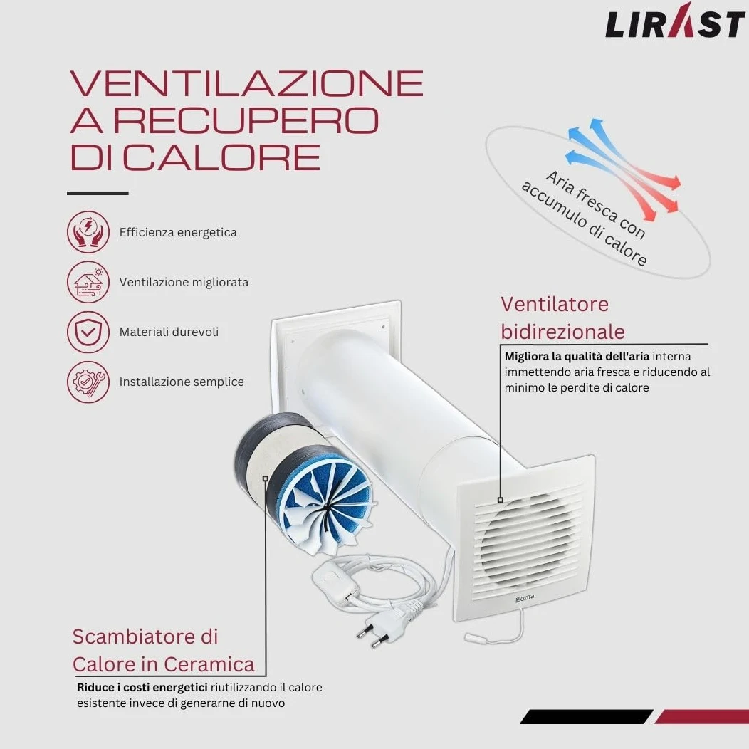 125mm Ventilazione Meccanica Controllata VMC Doppio Flusso Recupero Calore con Cavo - VMC Recuperatore di Calore Doppio Flusso