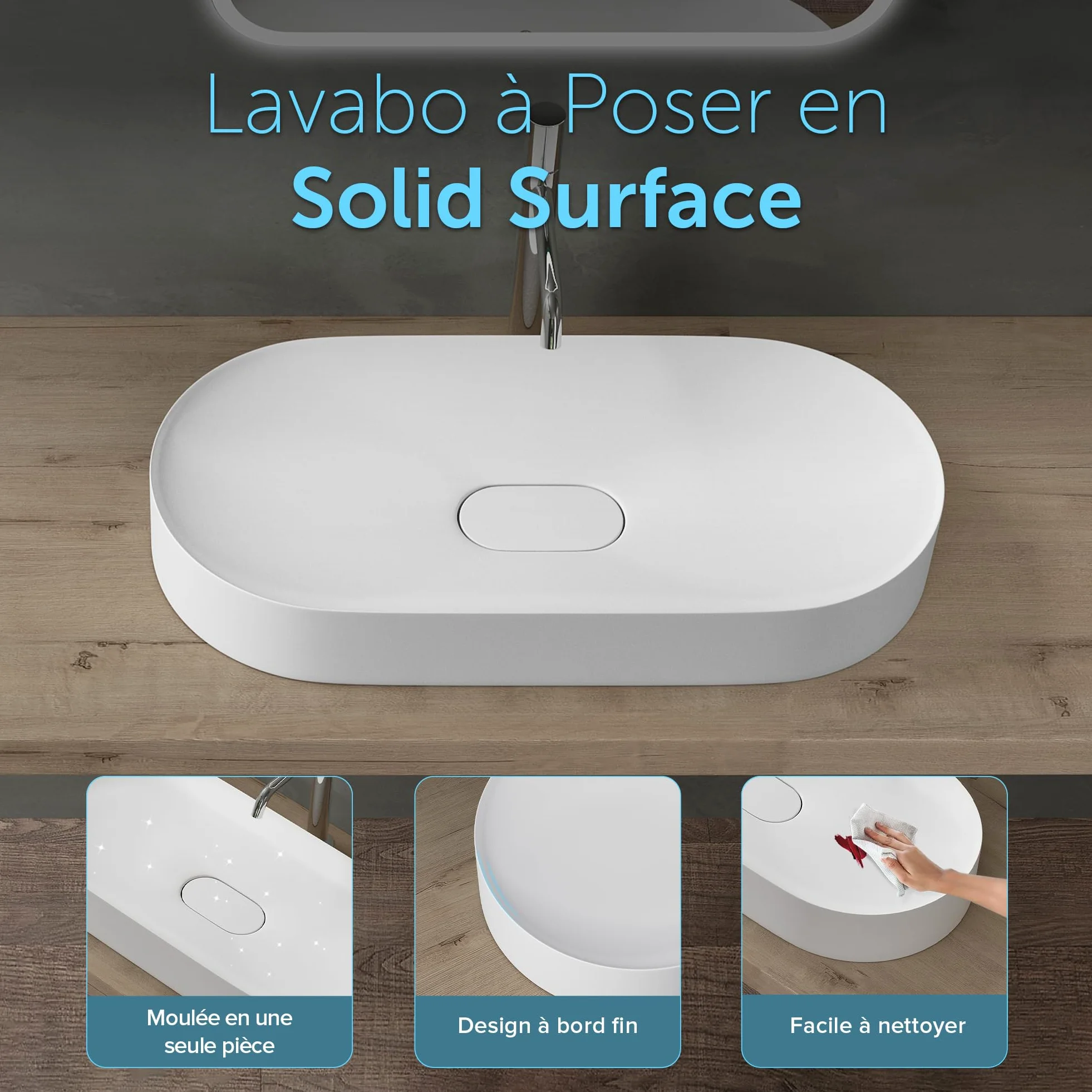 doporro Lavabo da Appoggio Lavandino Bagno 70 cm in Resina Minerale Bianco Opaco Effetto Loto, Senza Foro Rubinetto Colossum826