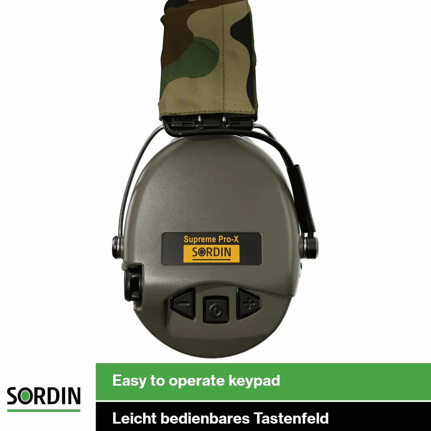 Sordin Pro-X Protezioni acustiche a capsula 75302-X-S - EN 352 - Cuscino in schiuma, Nastro mimetico & capsule verdi