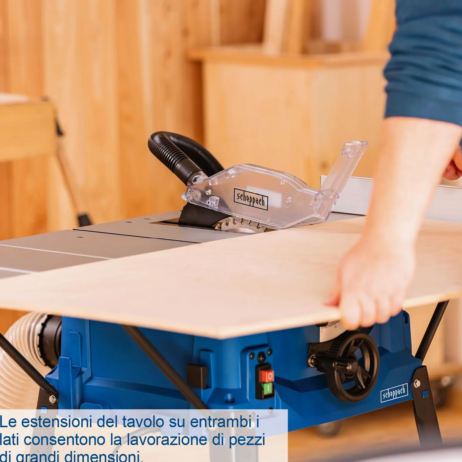Sega circolare da banco Scheppach HS100S | 230V – 2000W | Altezza di taglio 85mm | Inclusi ampliamenti del tavolo e supporto | Dimensioni del tavolo con ampliamento 642x940mm | Inclusa seconda lama