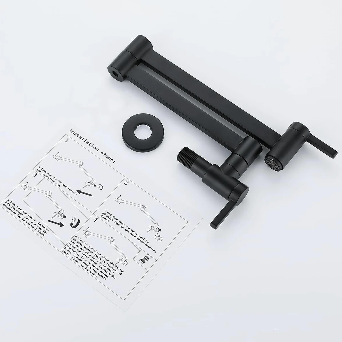 HomeLava Rubinetto da cucina nero a parete, Rubinetto riempitore per pentola, Rubinetto a muro in ottone Pieghevole, Girevole a 360°, 2 maniglie (nero)