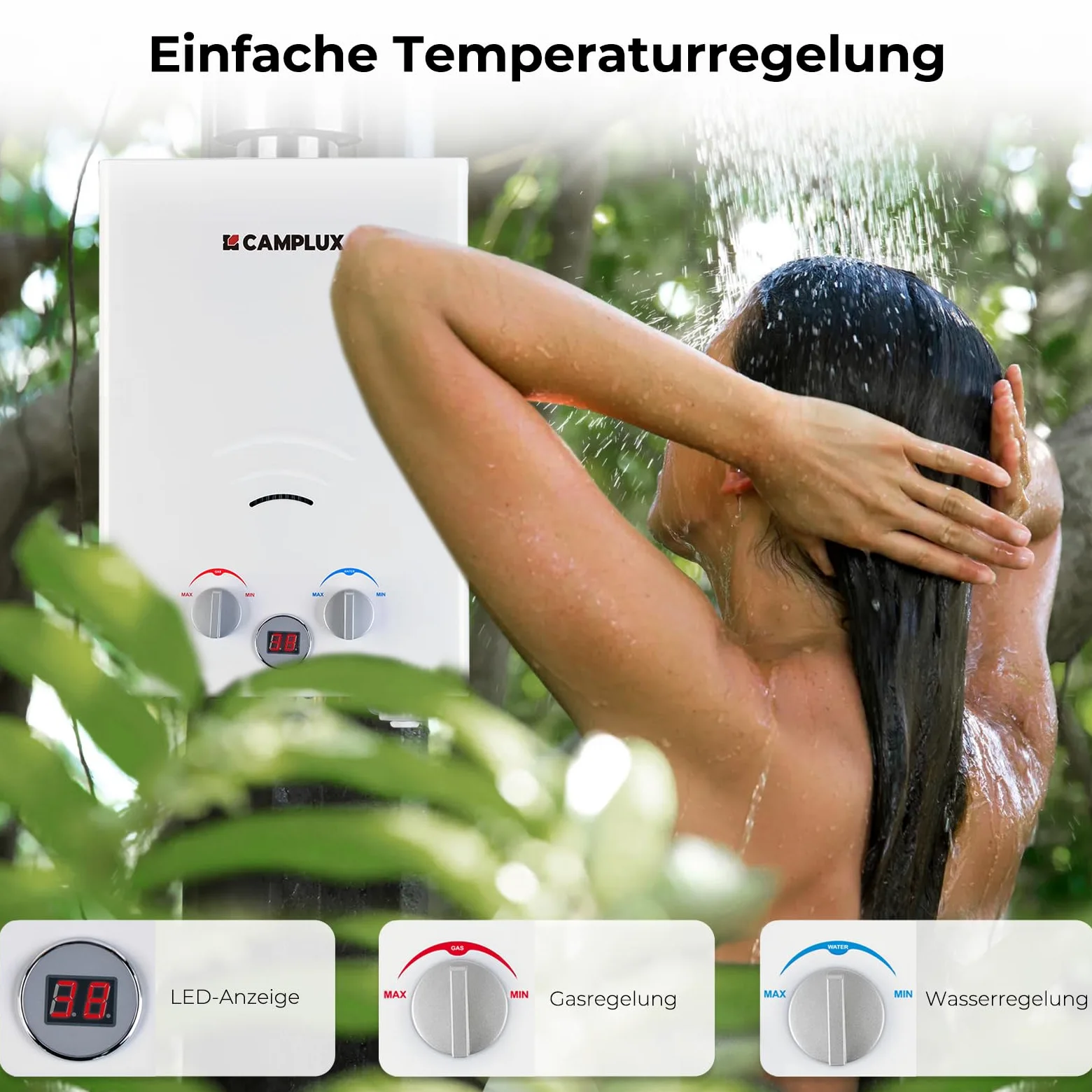CAMPLUX BW158C Scaldacqua a Gas Tankless, 6 Litri, 12kW, Butano (28-30 mbar) / Propano (37 mbar), per Doccia da Campeggio