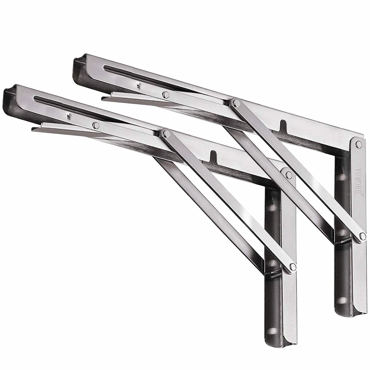 YUMORE Staffe Pieghevoli per Mensole 400mm,YUMORE Reggimensola Pieghevole Inox Supporti per Mensole Pesanti Tavolo da Parete Salvaspazio fai-da-te Staffe Triangolari, Carico Massimo 150kg, [2 Pezzi]