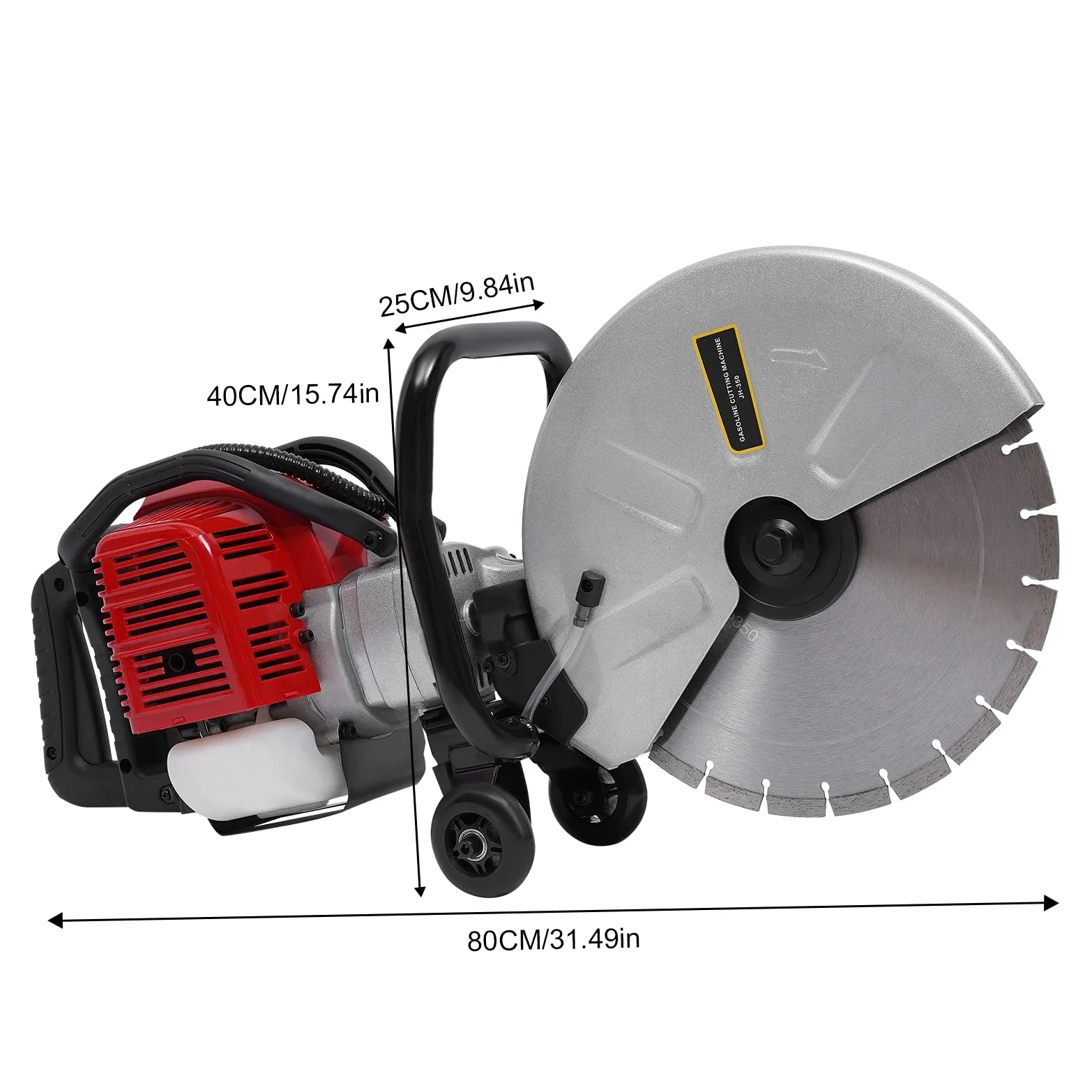 Taglierina per calcestruzzo a benzina da 350 mm, taglierina separatrice da 1,4 KW con 1800 giri/min, sega da taglio a umido con alimentazione d'acqua e ruote, 52 CC taglierina per pietra e asfalto per