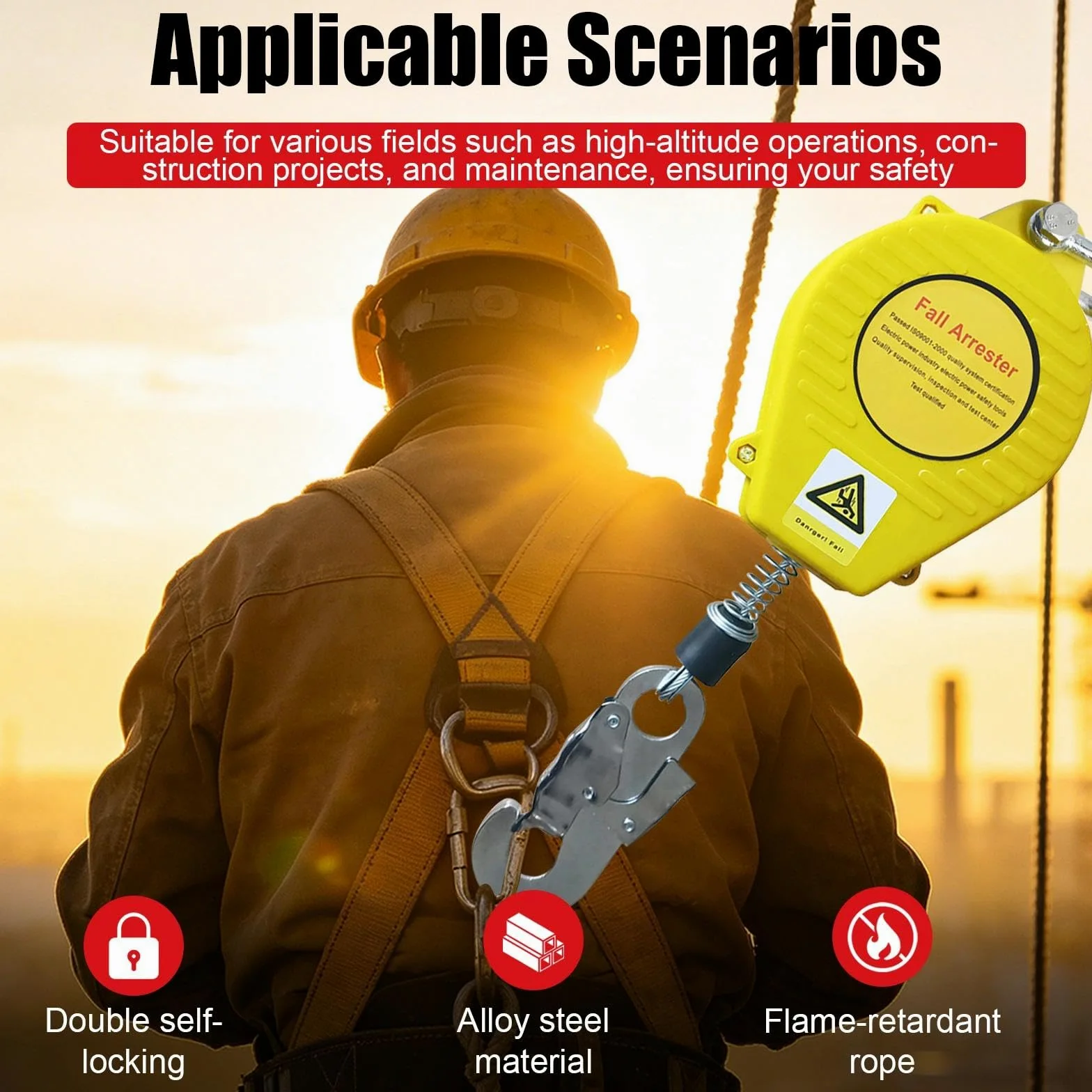Dispositivo Anticaduta Retrattile Certificato, 3-20m Imbracatura di Sicurezza Anticaduta, 150kg Dispositivo Sicurezza Anticaduta con Gancio Autobloccante per Tetto, Carico 150kg(Giallo,20m)