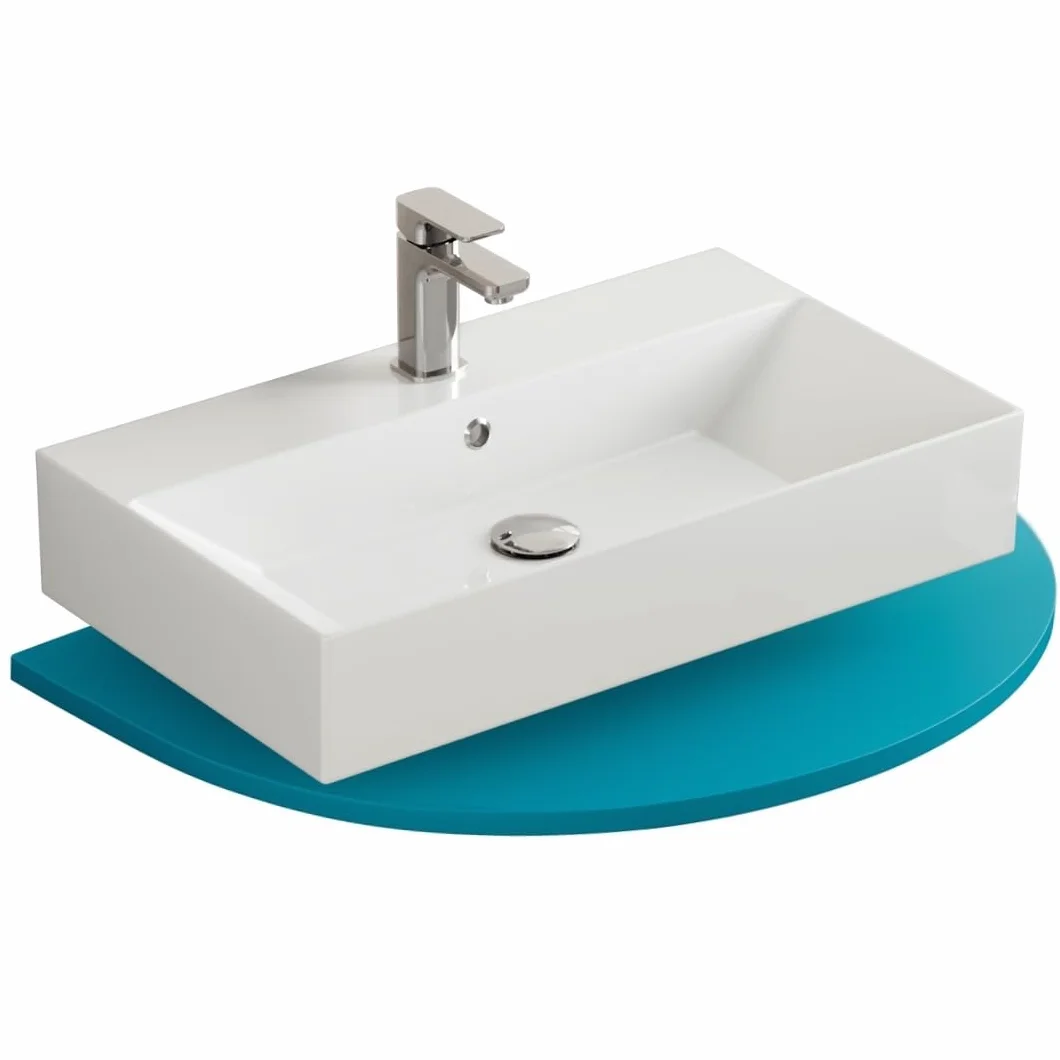 Aqua Bagno lavabo 70 cm rettangolare da parete, ceramica bianco lucido con foro rubinetto e troppopieno, design moderno per bagno contemporaneo, facile da pulire