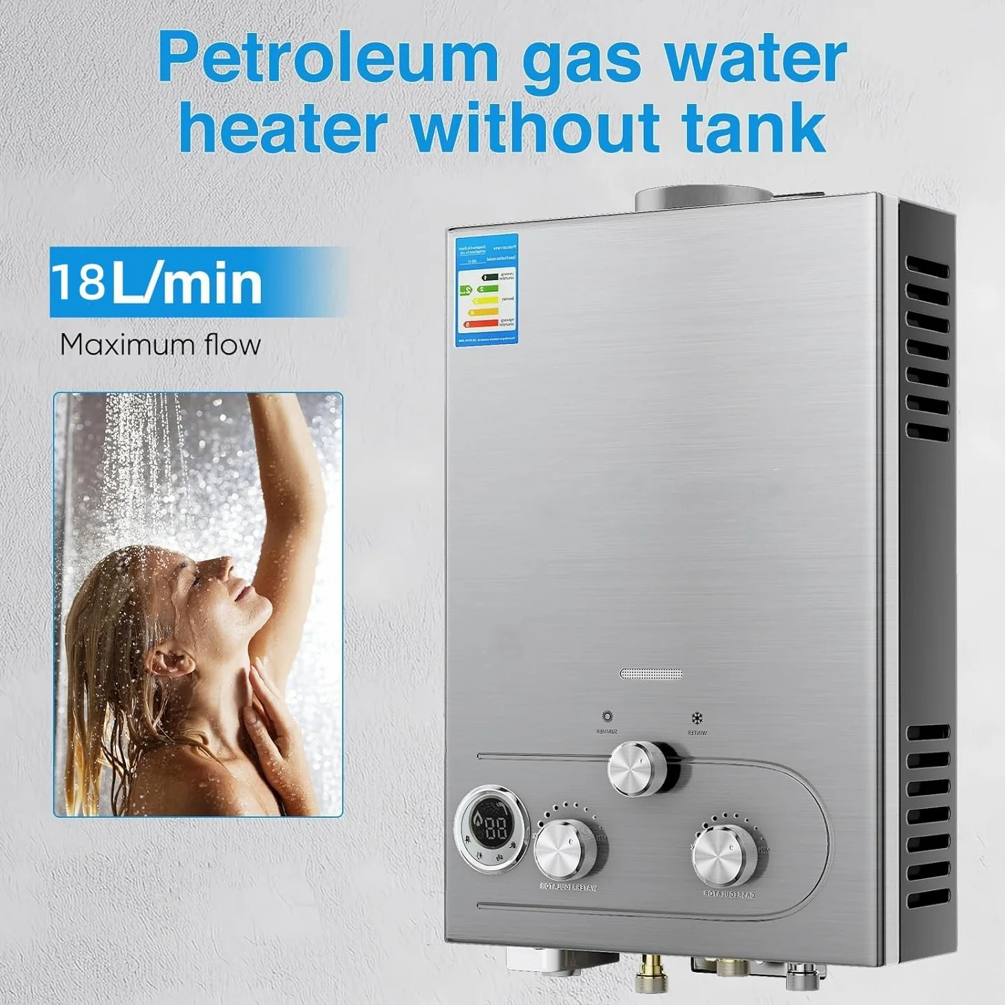 18L Scaldabagno a Gas GPL,Caldaia a Gas da 36KW a Parete senza Serbatoio Scaldacqua Istantaneo,Scaldabagno Gas di Petrolio Liquefatto,con Modalità Inverno ed Estate,Uscita Dell'acqua Calda 18L/min