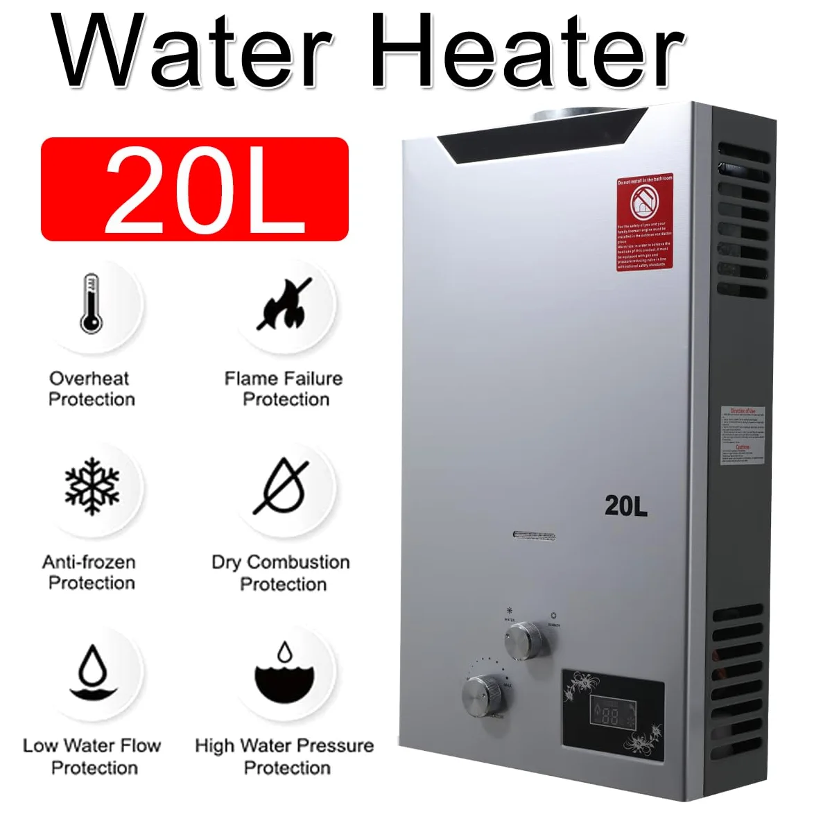 Scaldabagno a Gas GPL 20L, Scaldabagno Istantaneo a Propano, 40KW a Parete senza Serbatoio Scaldacqua Istantaneo Senza Serbatoio con Kit Doccia, Funziona a Bassa Pressione dellAcqua