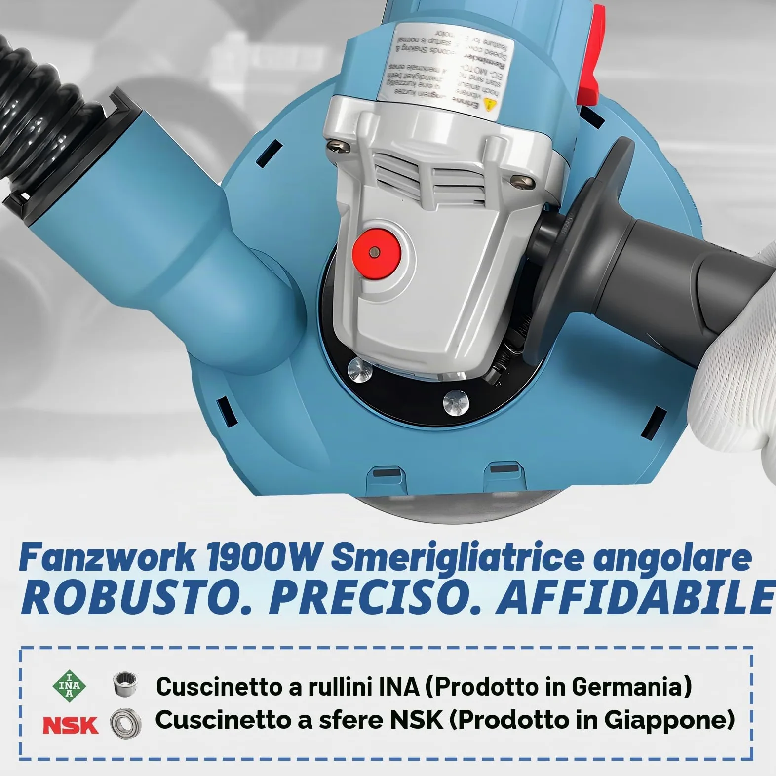 FANZWORK 1900W (MAX) Smerigliatrice per calcestruzzo con motore brushless EC, set 125 mm, cuffia aspirazione e valigetta, senza manutenzione