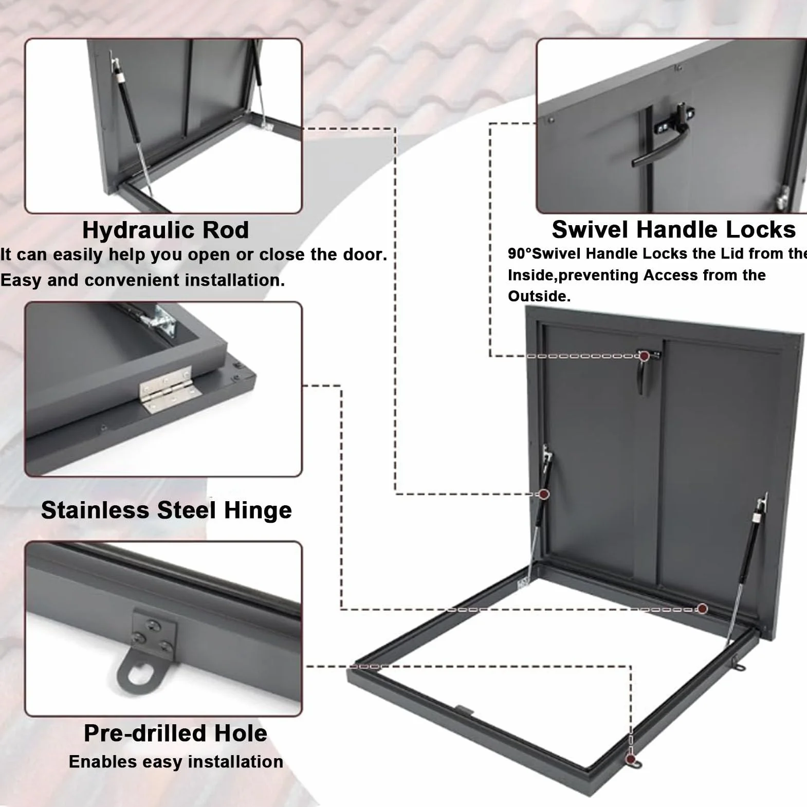 Botola di accesso al tetto dell'edificio per manutenzione, riparazioni e installazioni, piastra di copertura per botola sul tetto, porta di sicurezza in acciaio zincato, pannello,85x85cm