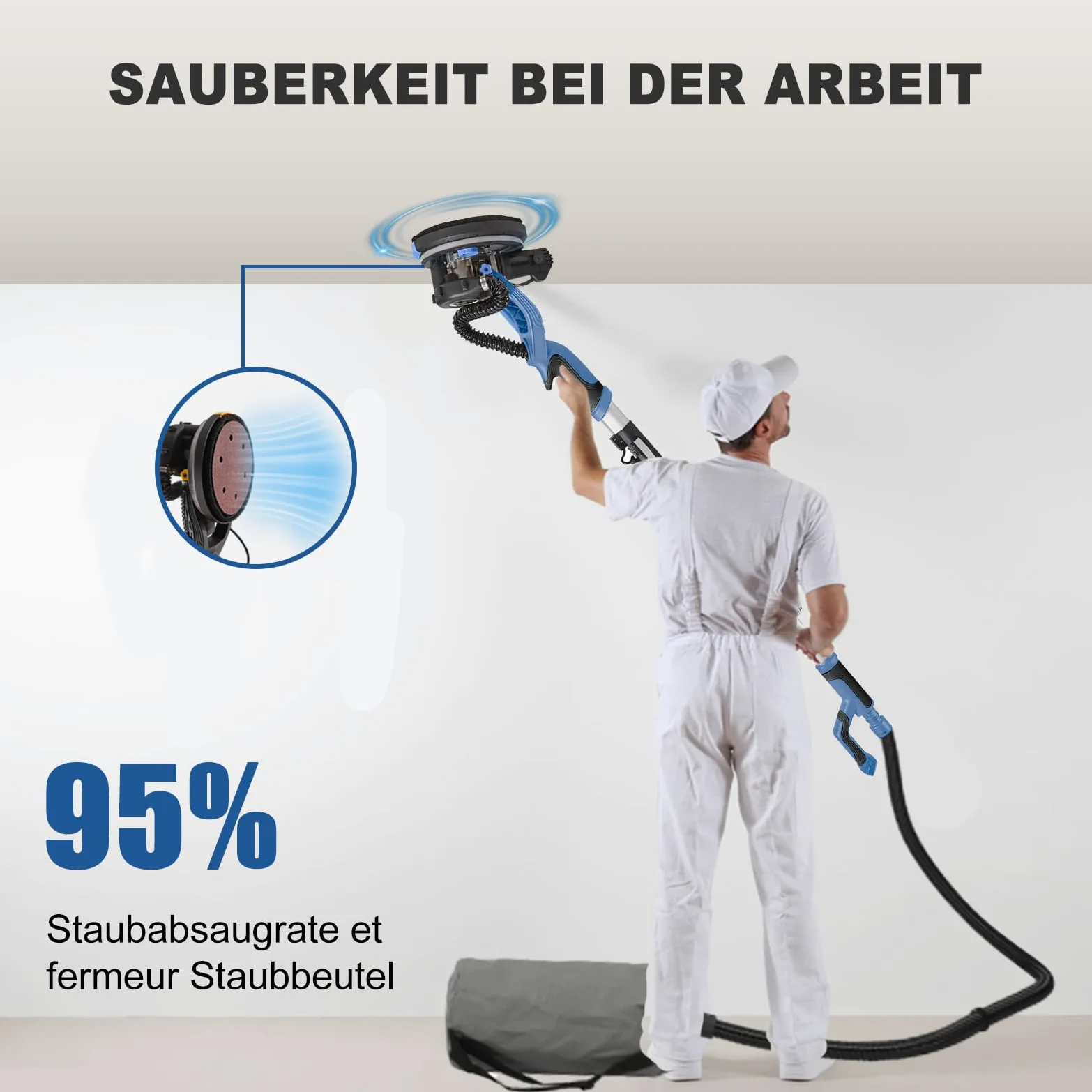 Levigatrice Giraffa 750 W professionale con sistema di vuoto automatico e luce LED, Levigatrice da parete e soffitto telescopico, diametro 215 mm, 7 velocità 900-1800 giri/min (blu)