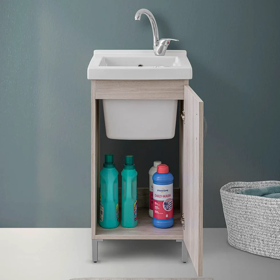 Mobile lavatoio Lavanderia in Legno con Vasca in Ceramica Resistente agli acidi, Completo di Kit sifone + piletta (Olmo, 45x50 cm 1 Anta)