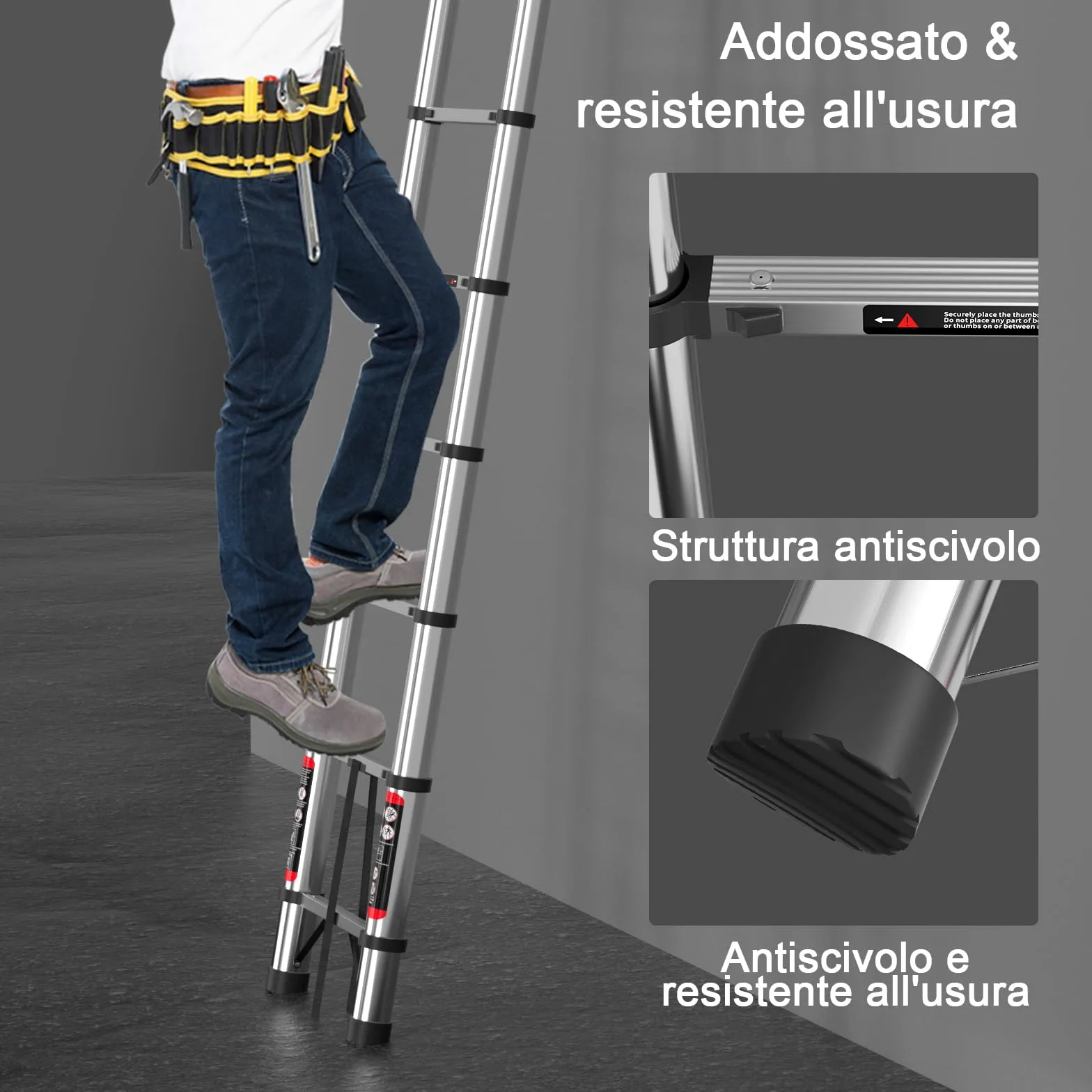 Scala Telescopica 5 Metri con Gancio, Scala Pieghevole Portatile con Piedini Antiscivolo, Estensibile & Altezza Regolabili, Scale Allungabile per Casa, Giardino, Coperture e Camper