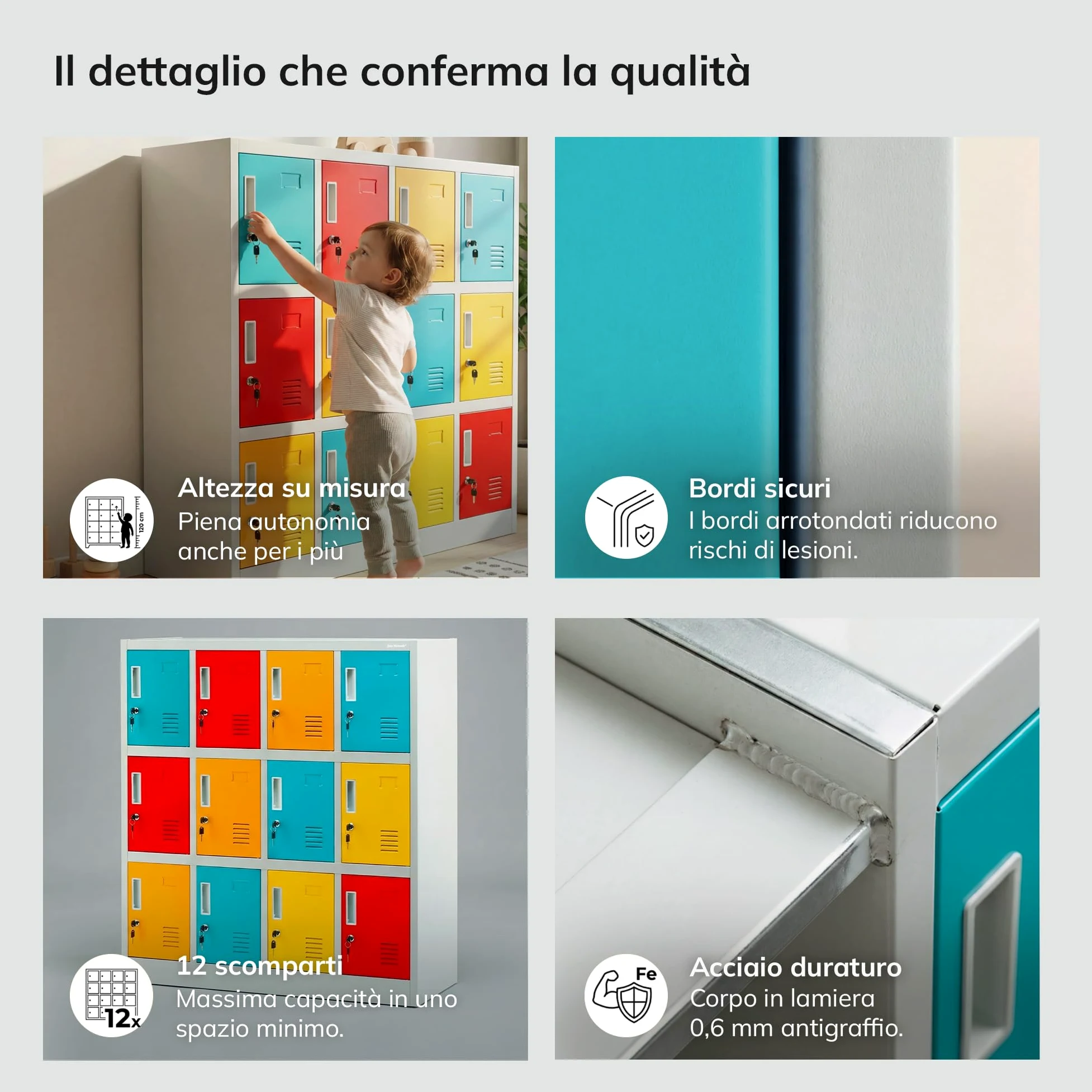 Jan Nowak Armadietto spogliatoio Armadio metallico con 12 Scomparti Fessure di ventilazione Rivestimento in polvere 120 cm x 110 cm x 45 cm (Multicolore)