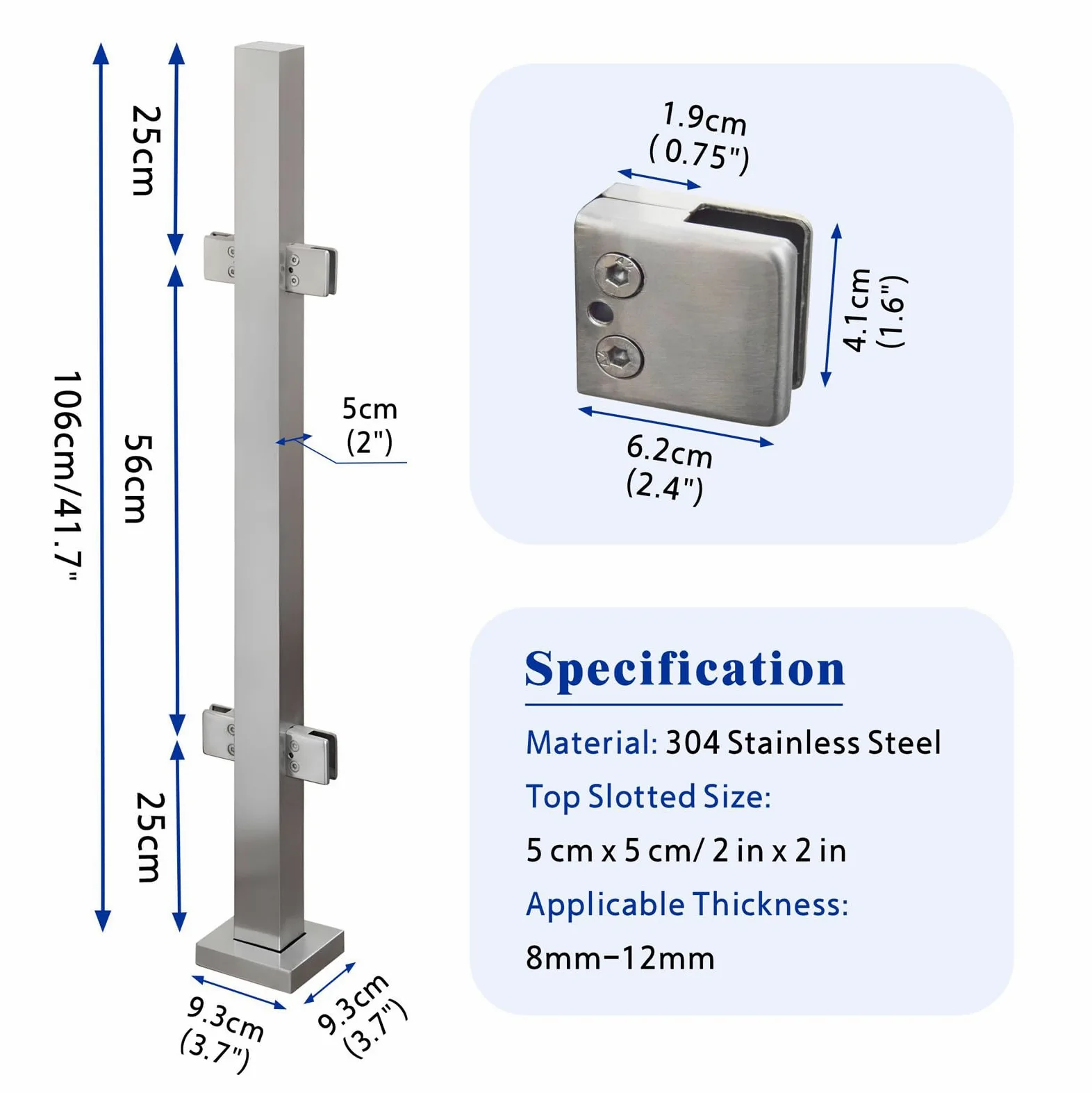 Ringhiera in Vetro Palo della Balaustra di ringhiere quadrate a vetri in acciaio inossidabile con morsetto - Pali per ringhiera in vetro per balaustra, piscina, giardino, interno, esterno