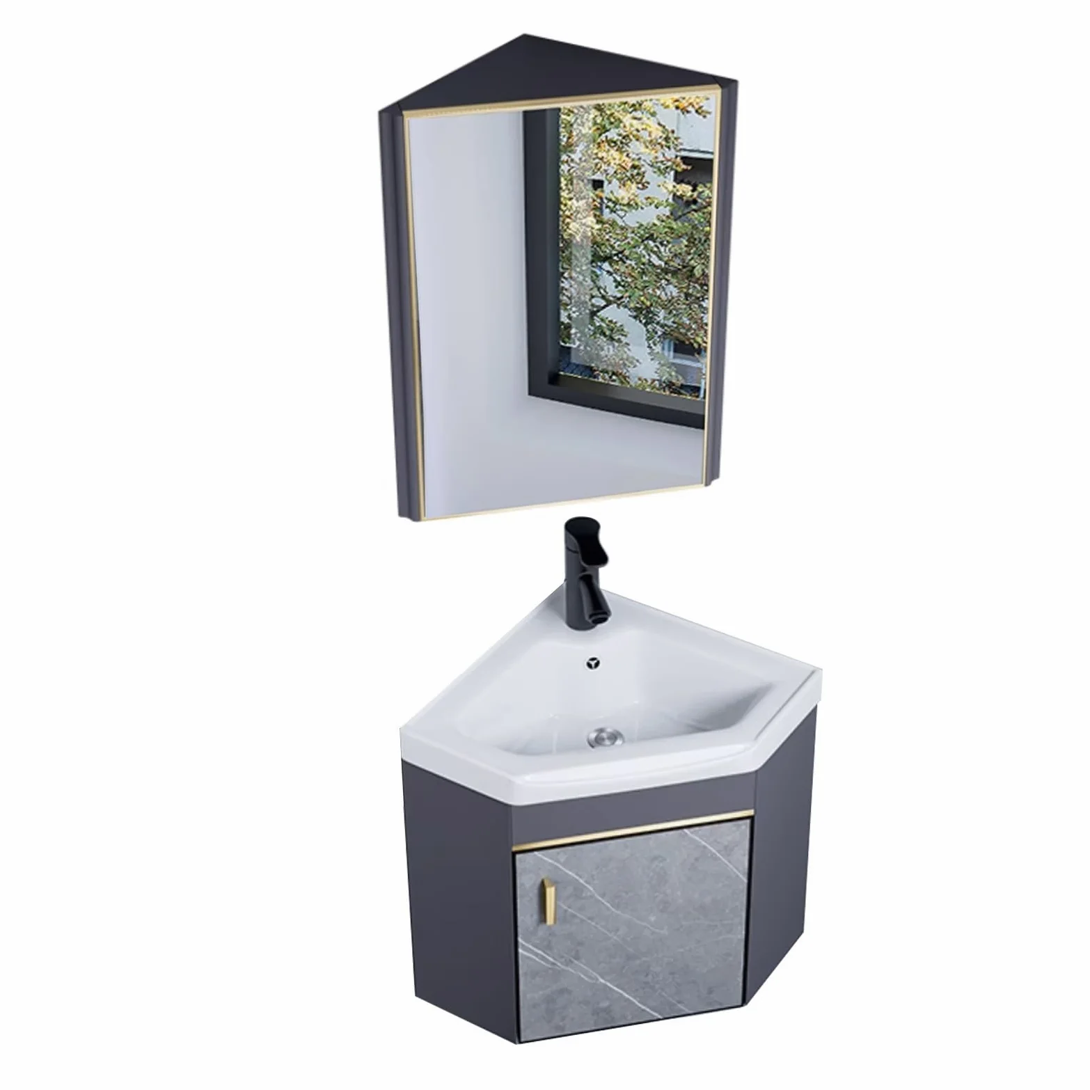 Bagno Lavabo Angolare su Piedistallo Mobile con Rubinetto e Scarico, Specchio e Sospeso per Bagno e Lavanderia
