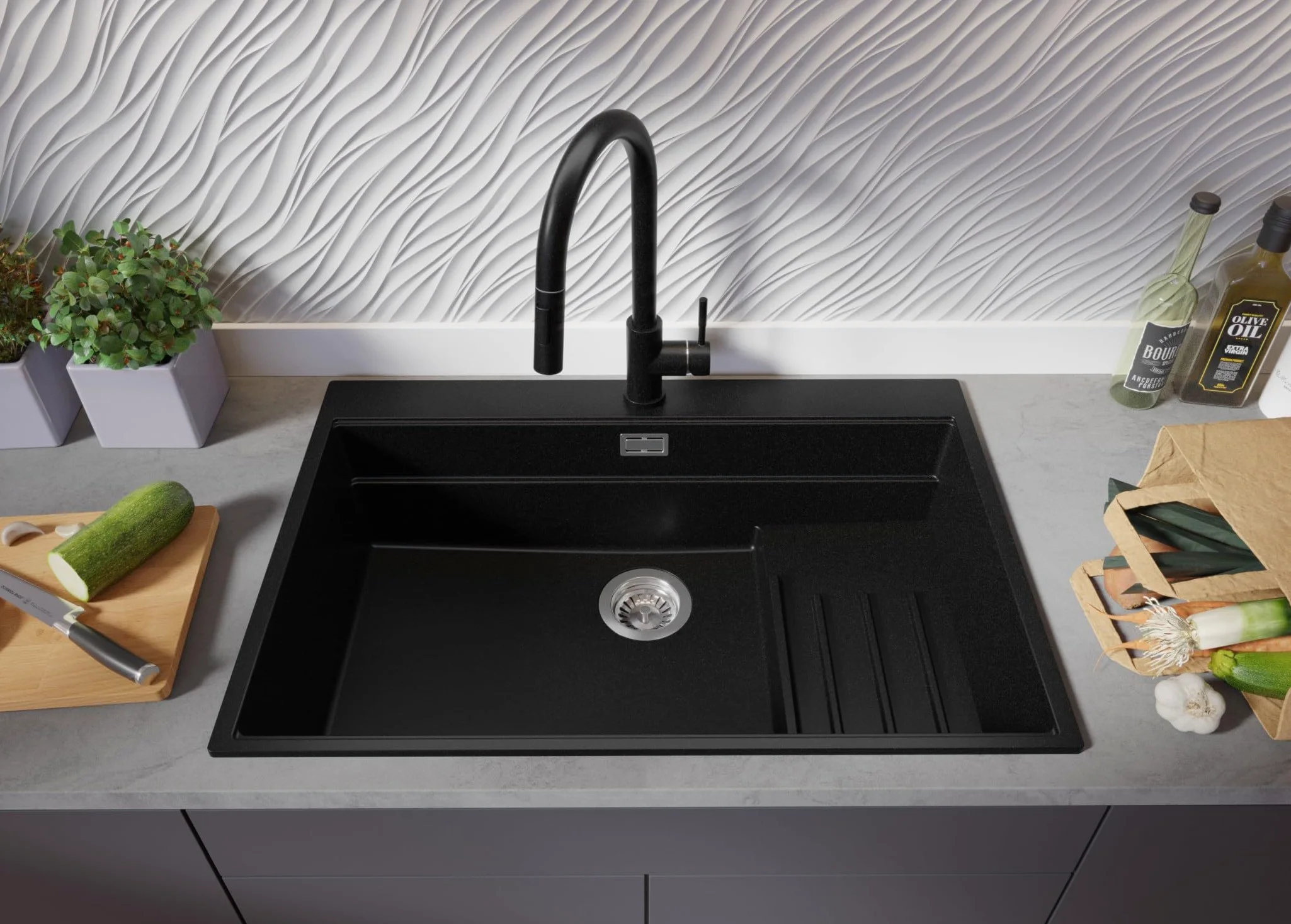 PRIMAGRAN Lavello da Cucina Nero 78x53cm, Lavandino in Granito a 1 vasca + Sifone Classico, Lavabo da Cucina Incasso al Mobile 80cm - Oslo Max Step S095