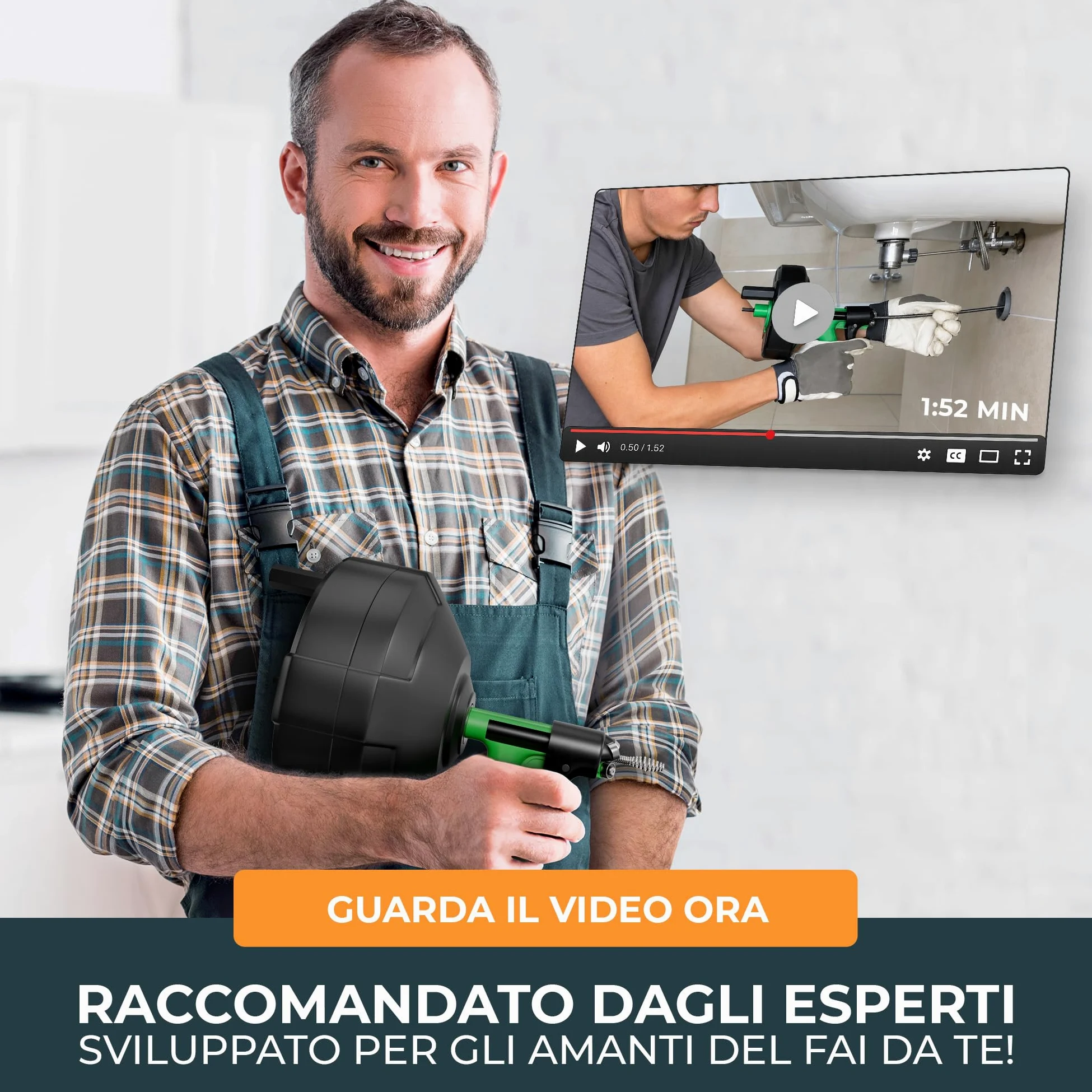 Meisterfaktur Sonda Sturatubi per Pulizia [15M] - Funzione Automatica - Molla Stura Tubi Ideale con Alimentazione Automatica - Sonda Idraulica Stura Lavandini e Scarichi per Amanti del Fai da Te!