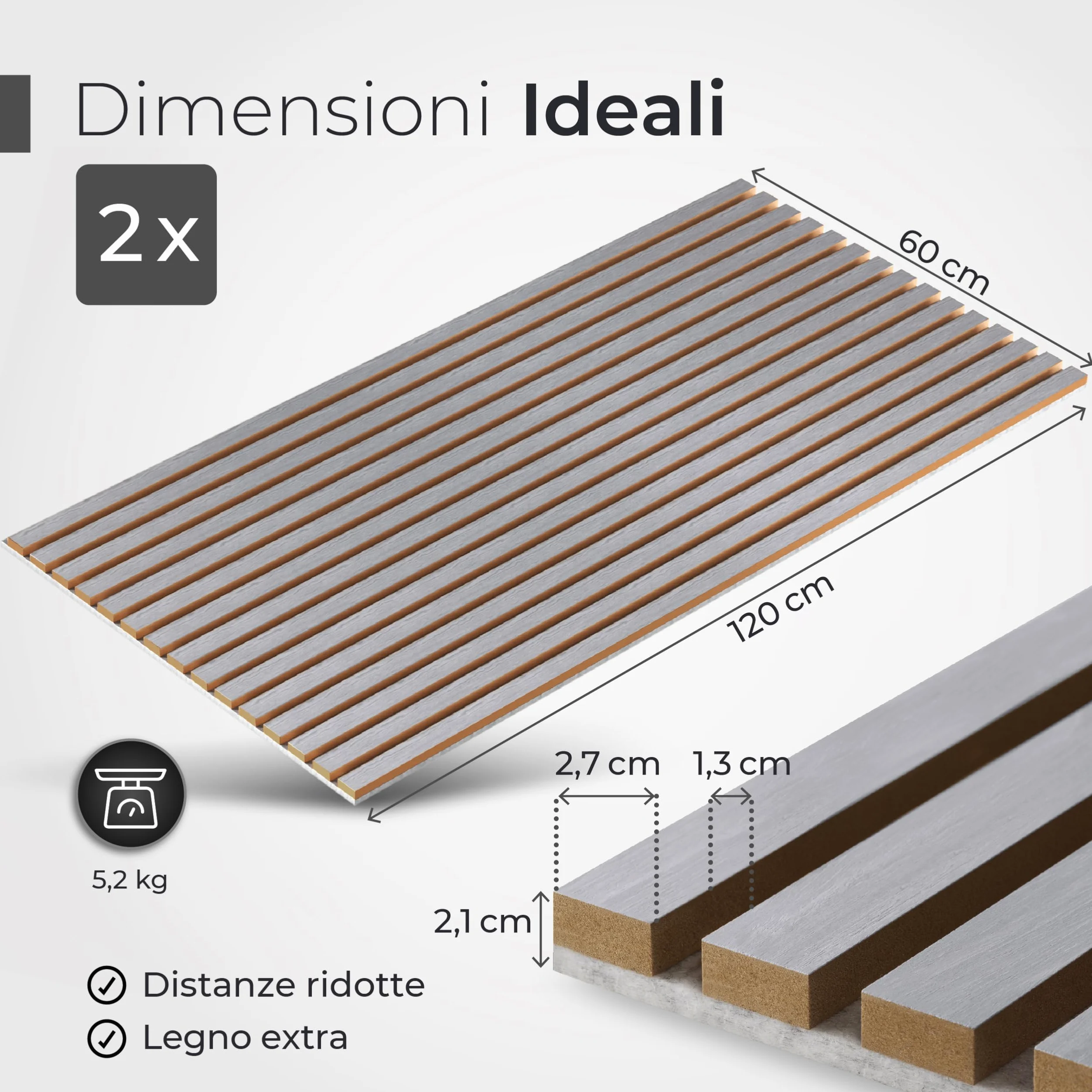 Pannelli Acustici In Legno, 2 Pezzi Da 120x60 cm (= 1,44m²) - Feutre Acustico (Grigio) & Placcatura In Legno Vero (Pera) - Rivestimento Murale 3D, Isolamento Acustico