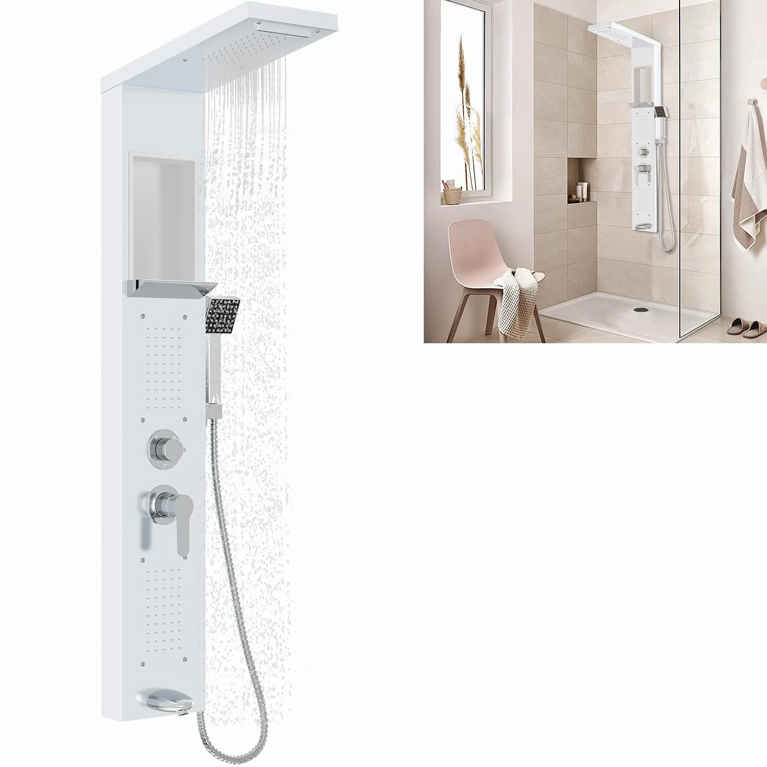 YUENFONG Pannello doccia 5 in 1 in acciaio inox, doccia multifunzione, con doccia a pioggia, cascata, massaggio alla schiena, doccetta, facile da montare a parete, bianco