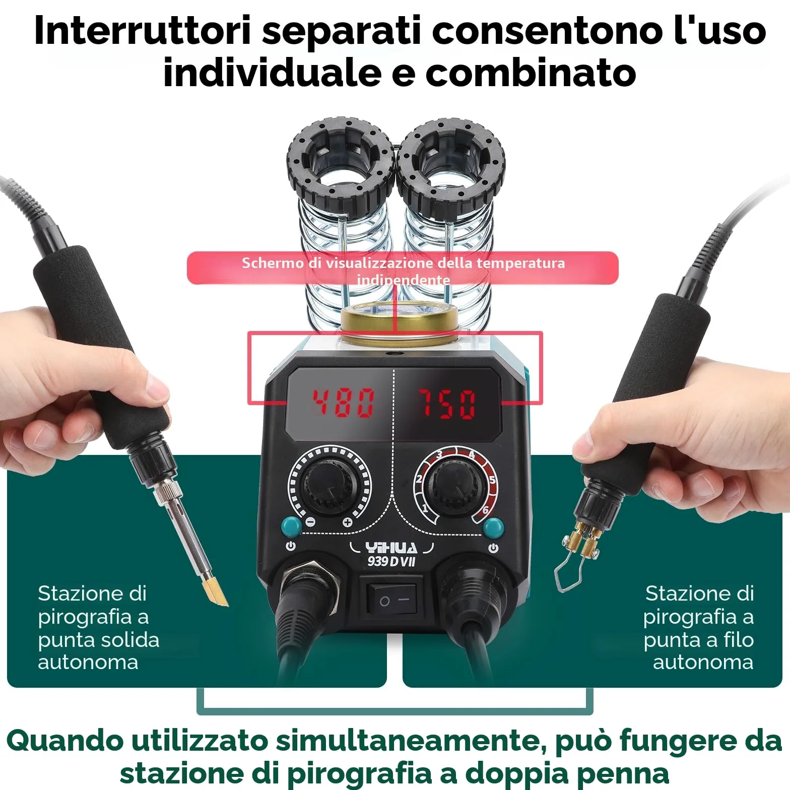 YIHUA 939D-VII pirografo professionale Kit per penna a bruciatura del legno Stazione 2-in-1 Solid-Point 200-480°C (con display di temperatura)/Wire-Nib 250-750°C con 23 punte, 25 punti solidi