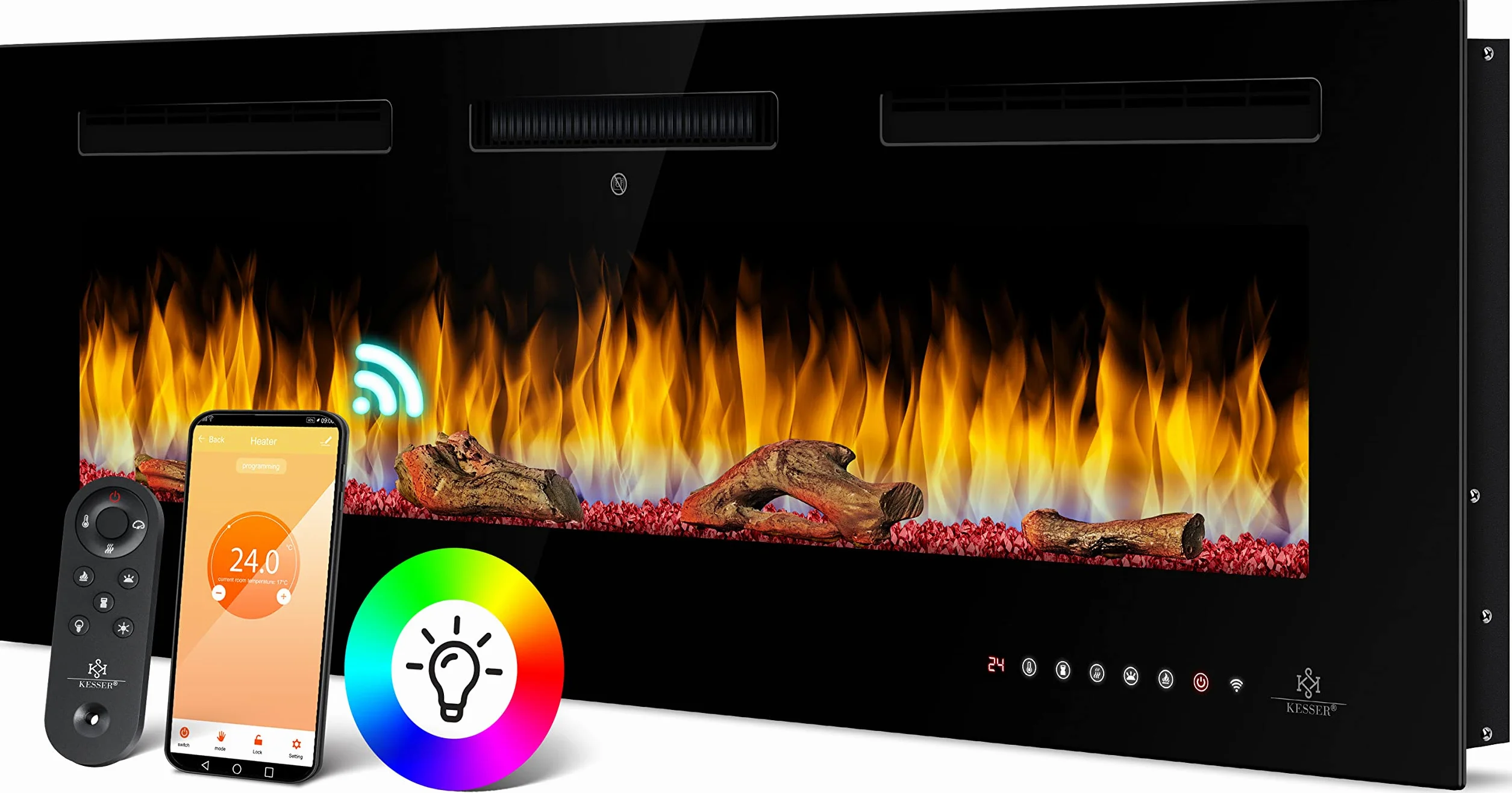 KESSER® Camino elettrico da parete, camino elettrico con riscaldamento, 9 modalità di colore, effetto fiamma LED, 900/1800 W, stufa da parete e camino da incasso, montaggio a parete, funzione app,