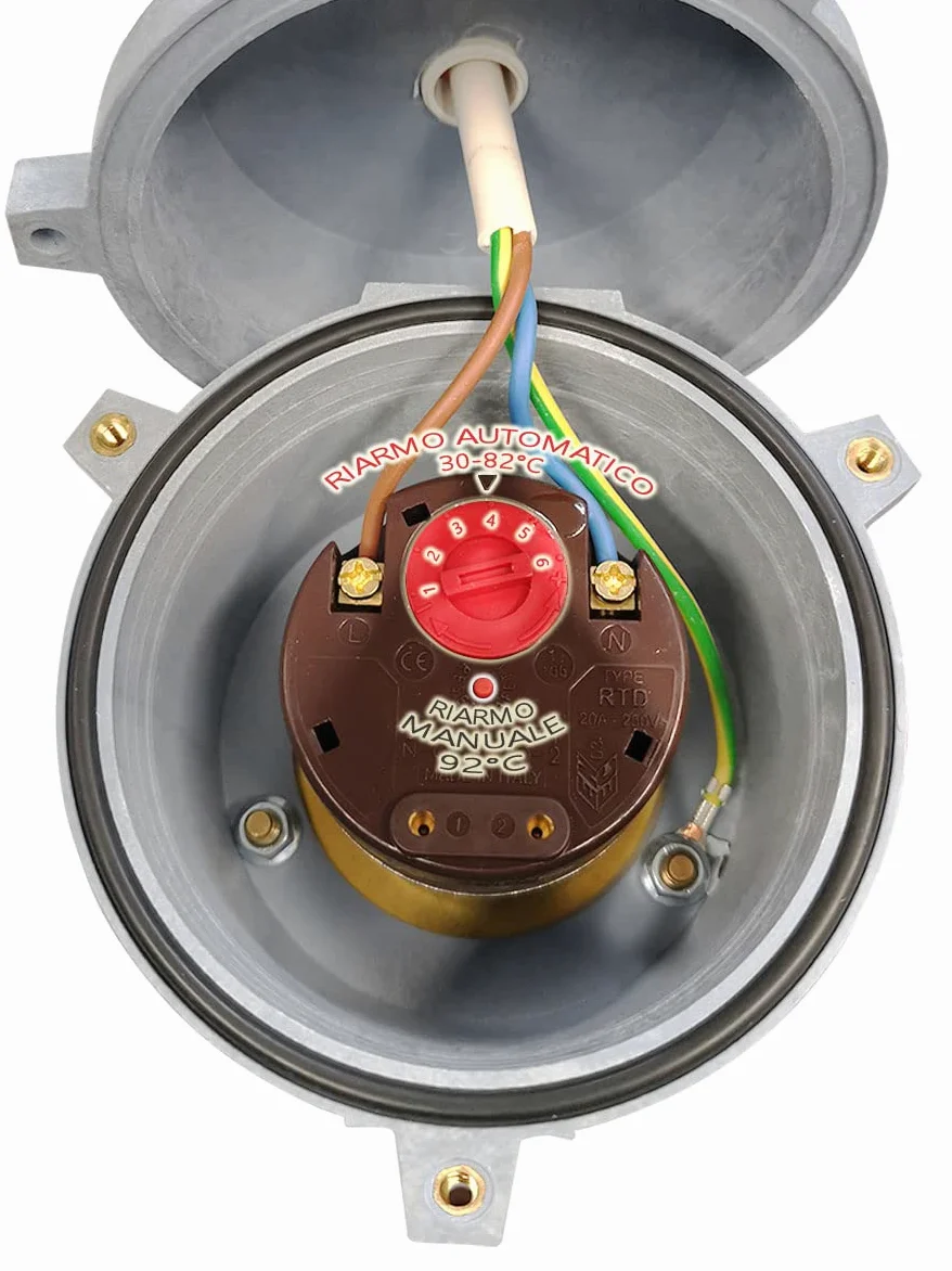 Resistenza elettrica corazzata 3 kW monofase con termostato a riarmo manuale regolabile fino a 82°C, 230 V