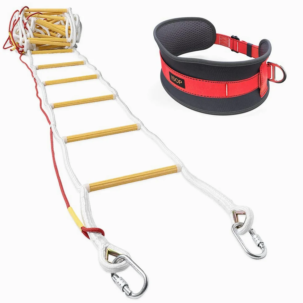 ISOP Scala di emergenza antincendio 4 piani 10 m | Scala in corda resistente alla fiamma con moschettoni | Cavo di sicurezza e cintura di sicurezza | Riutilizzabile