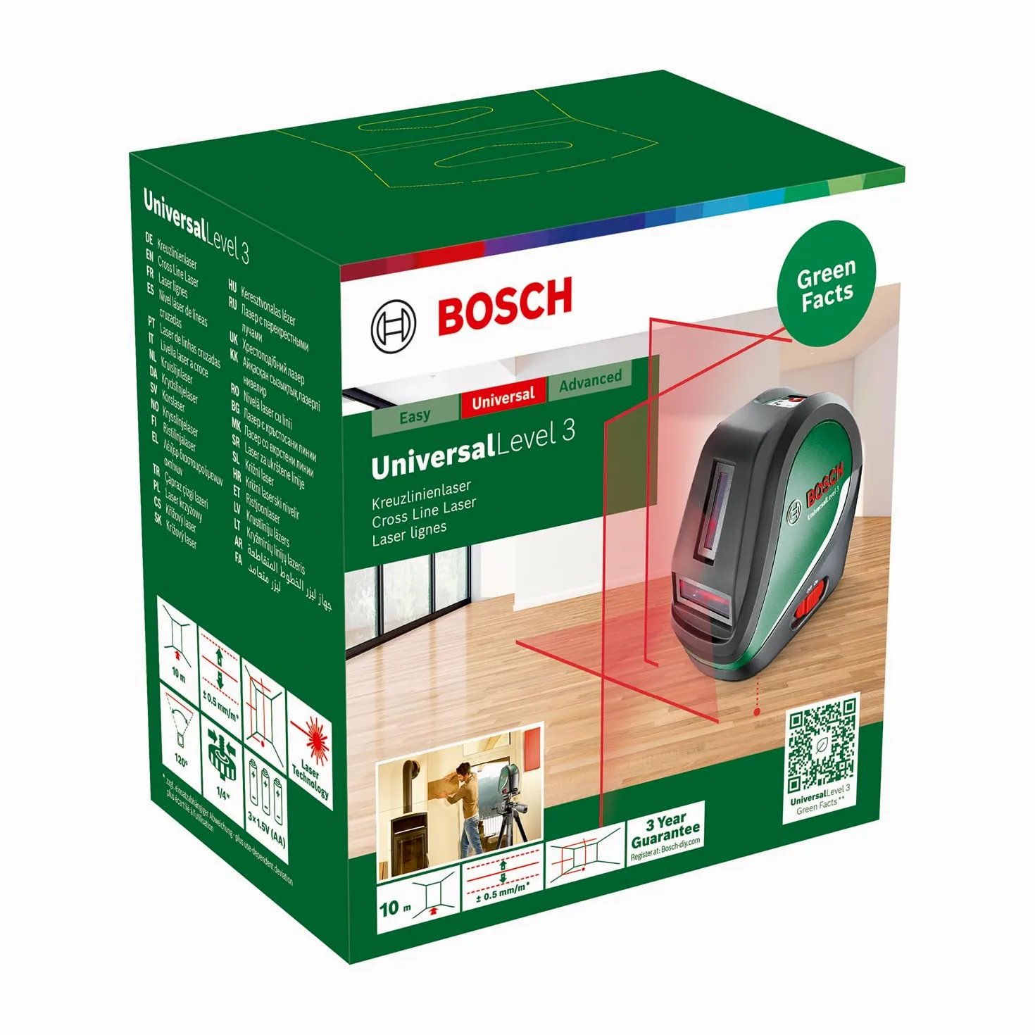 Bosch livella laser multifunzione UniversalLevel 3 (3 linee laser incl. linea verticale a 90° per ulteriore croce sul soffitto e punto a piombo inferiore per allineamenti precisi, in cartone)