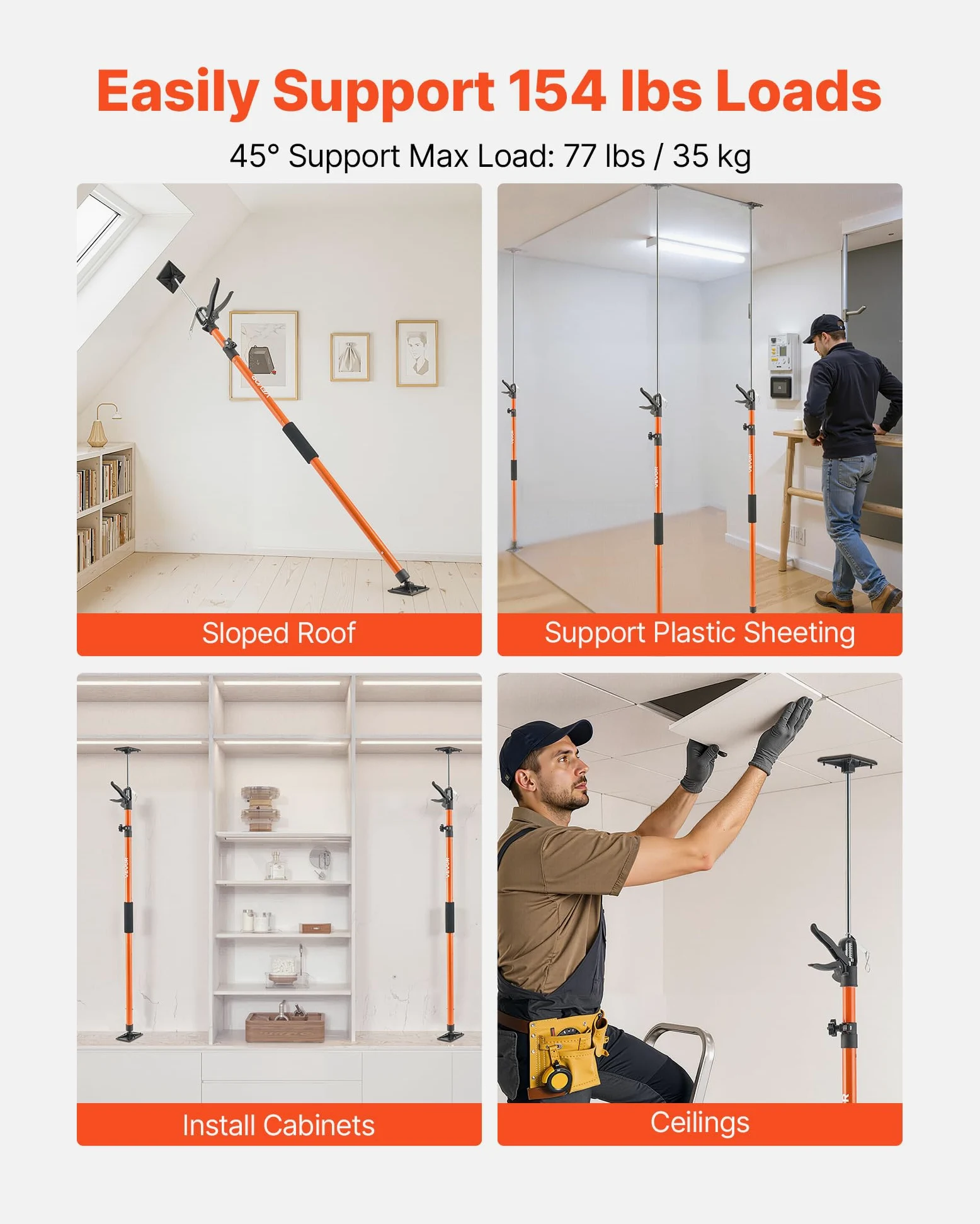 VEVOR Asta Supporto per Martinetto Installazione Armadietti, Confezione da 8, Asta di Supporto Telescopica Acciaio da 116-290 cm, Regolabile a 3 Capacità max. 70 kg per Sollevamento di Cartongesso
