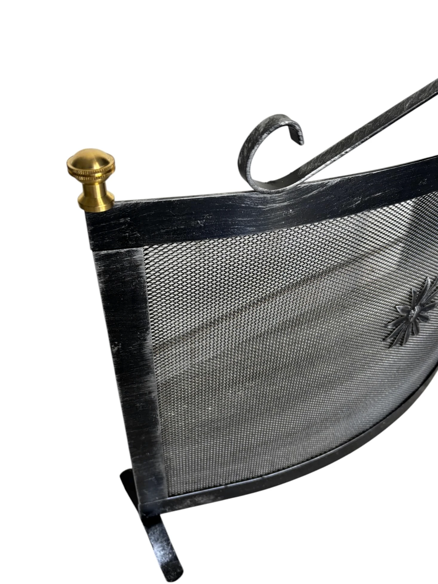 Parascintille per Camino Curvo in Ferro, 60x46 cm,Parafuoco con Pomelli in Ottone Made in Italy