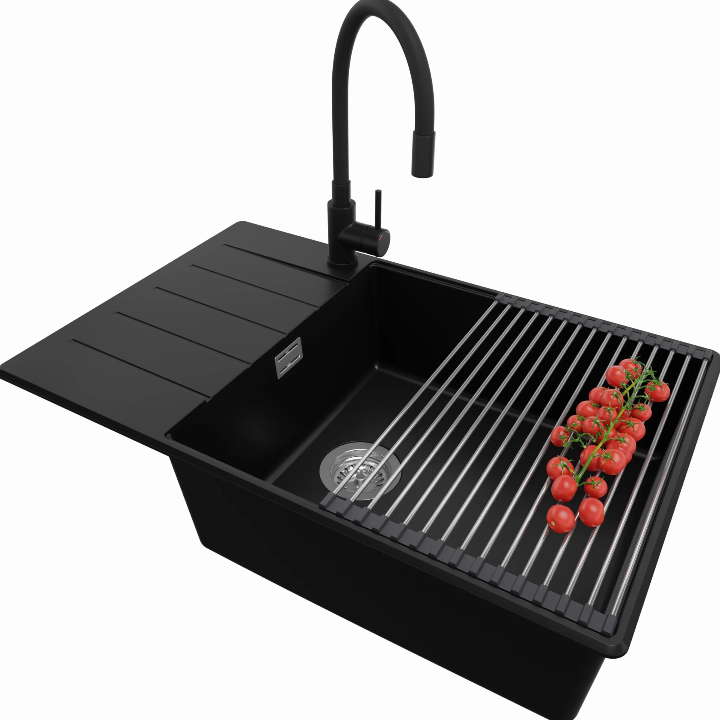 PRIMAGRAN Lavandino da Cucina Nero 78x50cm, Lavello in Granito a 1 vasca + Rubinetto 40x38cm + Set di accessori, Lavabo da Cucina Incasso al Mobile 60cm - Copenhagen Top S613