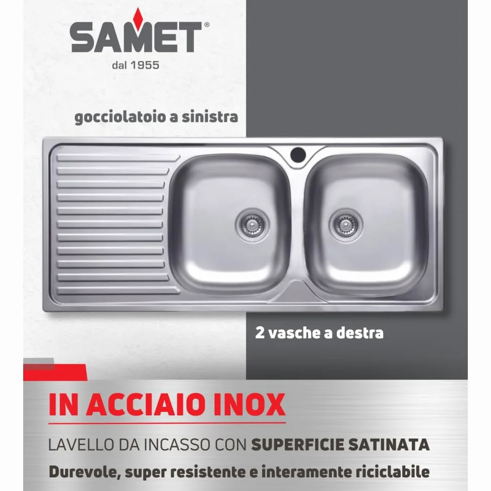 Lavello cucina due vasche acciaio da incasso gocciolatoio sx 50x116 cm