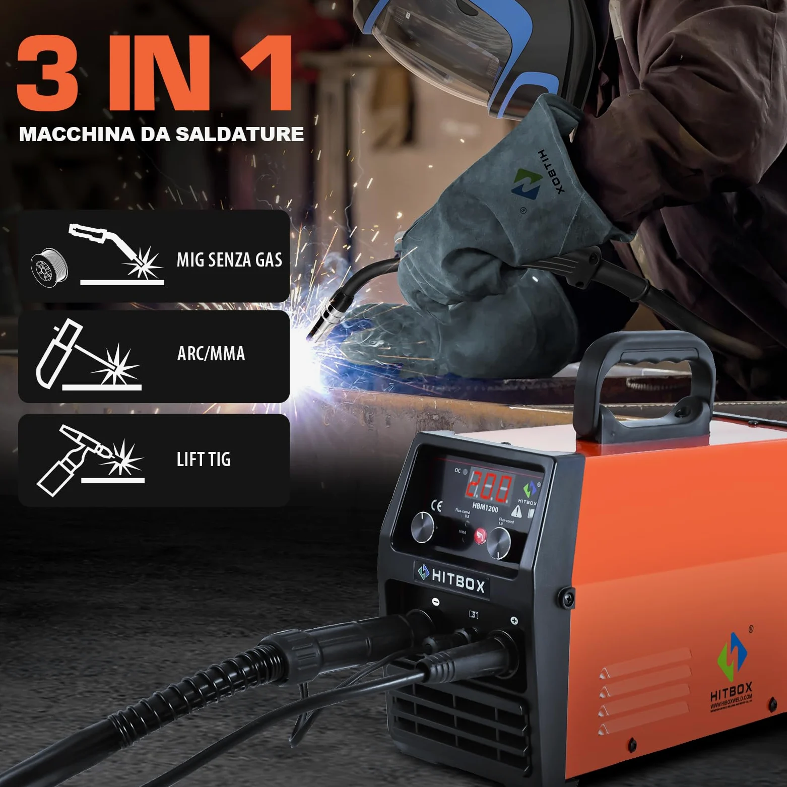 HITBOX Saldatrice a Filo Continuo 200A, 3-in-1 Saldatrice MIG/ARC/LIFT TIG, Inverter Portatile 230V IGBT con Torcia e Filo Ø0,8mm, Ideale per Principianti (HBM1200)
