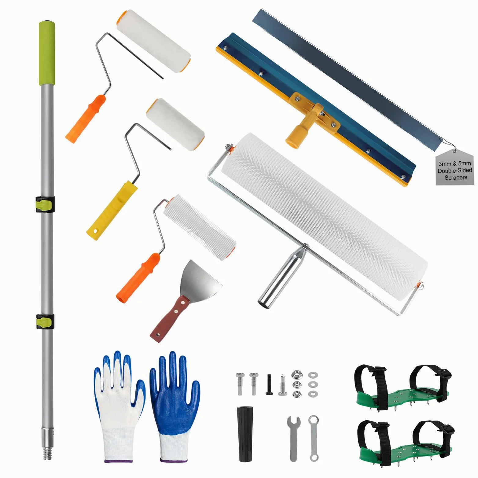EXLECO Kit Autolivellante Per Pavimenti, 3&5MM Bifacciale Raschietto Pavimenti in Acciaio Inox, Rullo di Sfiato, Pittura con Rullo, Asta Telescopica, Scarpe Chiodate 30MM, Spatole per Stucco, Guanti